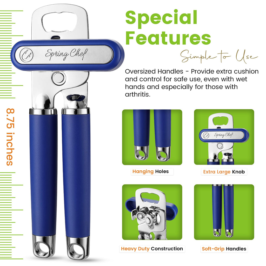 Spring Chef Stainless Steel Can Opener - Manual with Soft Grip Handles, Easy Turn, Heavy Duty Hand Can Openers for Seniors with Smooth Edge - Magnetic Lid Remover - Black