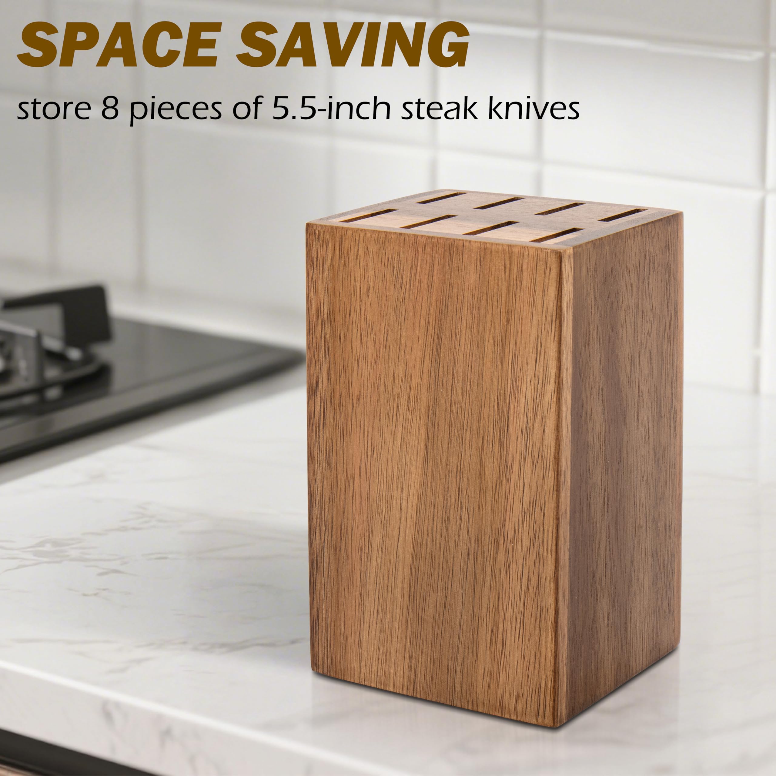 8 Slots Steak Knife Block Holder, 5.5" Wooden Small Knife Block without Knives,Compact and Space Saving Storage Knife Holder for Counter Top (Natural-1)