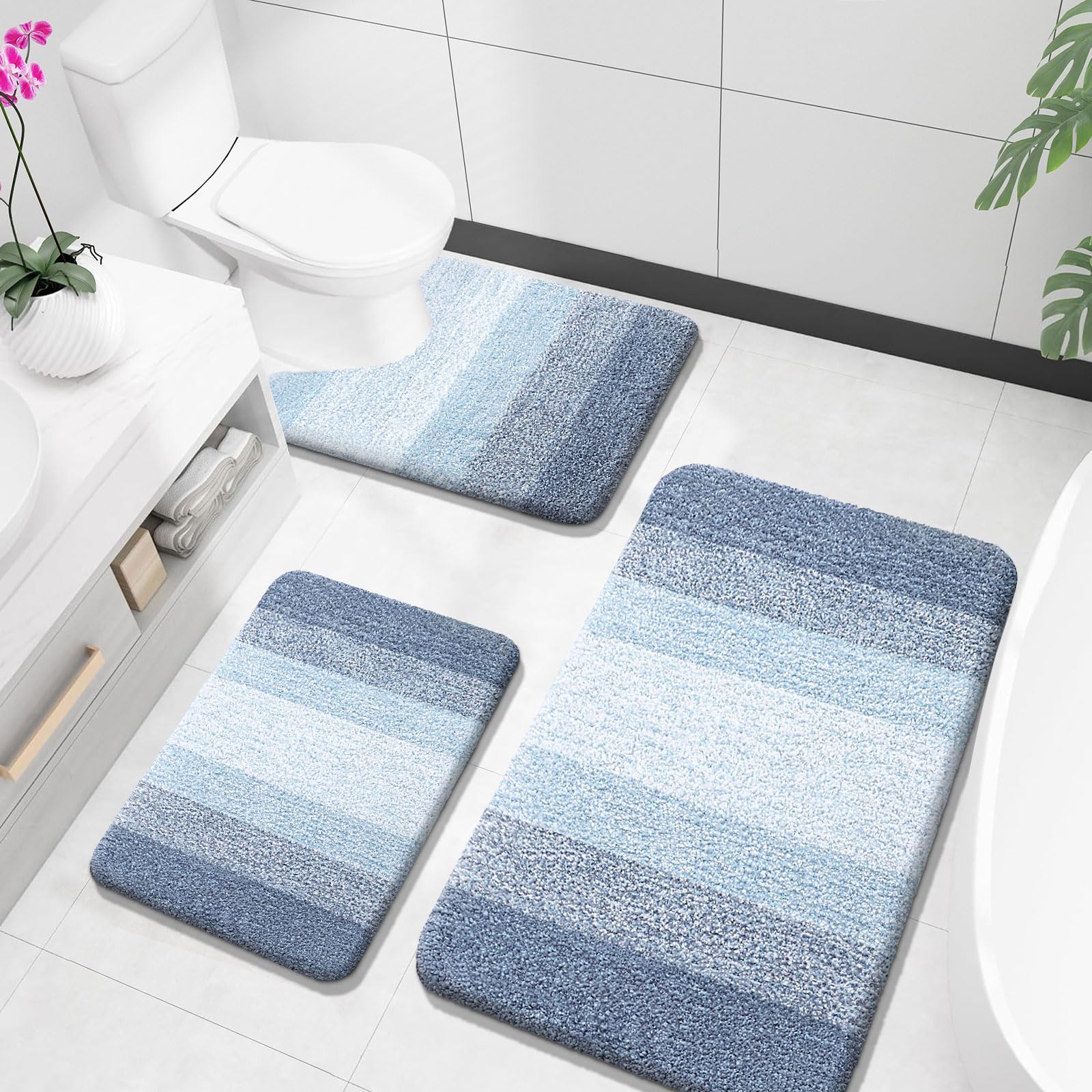 OLANLY Bathroom Rugs Sets 3 Piece, Soft Absorbent Microfiber Bath Mats and U-Shaped Contour Toilet Rug, Machine Wash Dry, Plush Shaggy Bath Mat Set for Bathroom (30"x20"+24"x16"+24"x20", Grey)