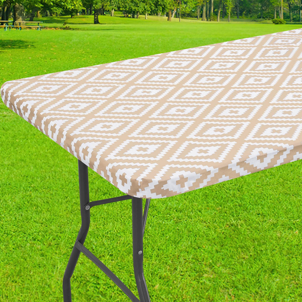 Smiry Rectangle Table Cloth Cover, Waterproof Elastic Fitted Picnic Tablecloth for 6 Foot Tables, Wipeable Flannel Backed Vinyl Tablecloths for Camping, Dining, Outdoor (Beige Wood, 30" x 72")
