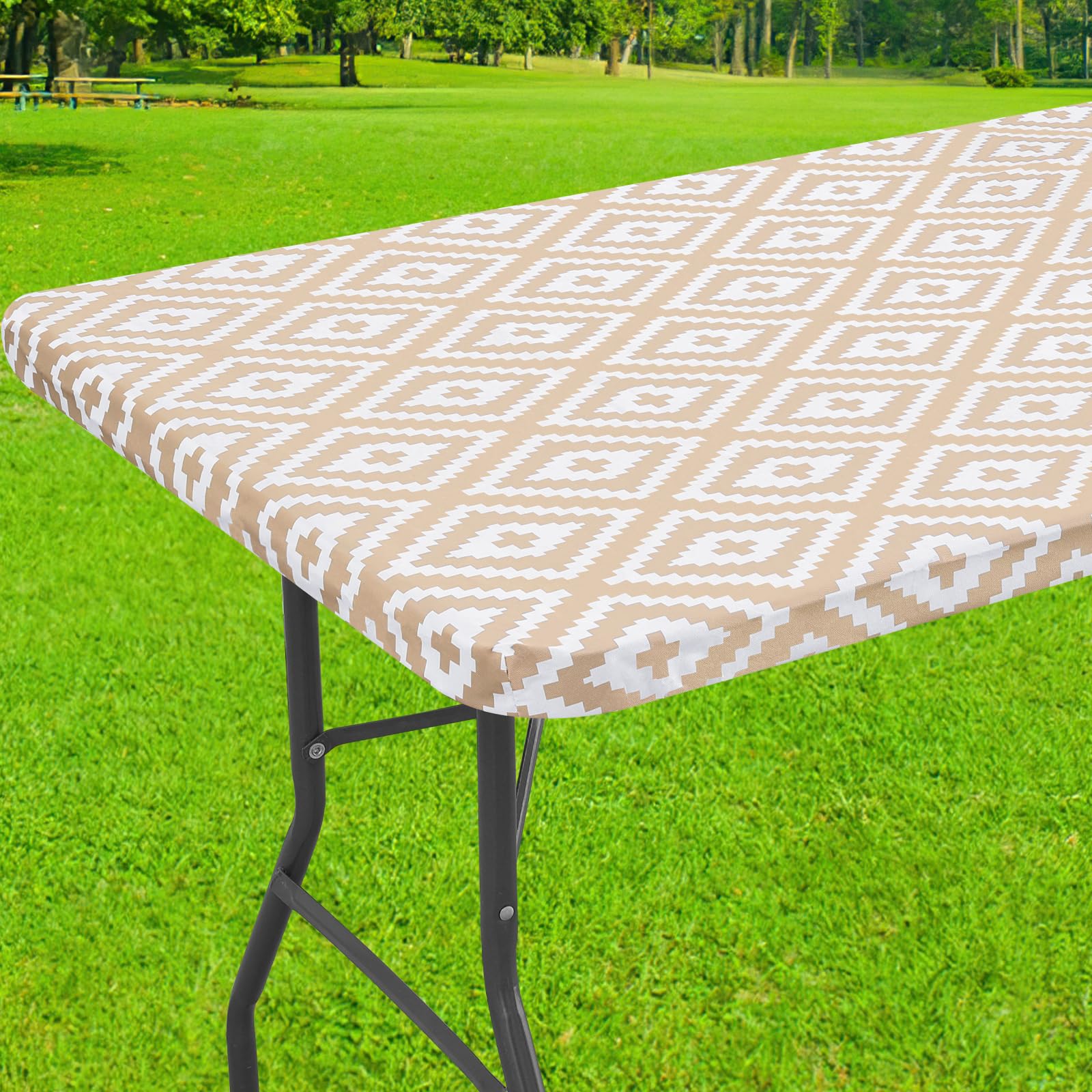 Smiry Rectangle Table Cloth Cover, Waterproof Elastic Fitted Picnic Tablecloth for 6 Foot Tables, Wipeable Flannel Backed Vinyl Tablecloths for Camping, Dining, Outdoor (Beige Wood, 30" x 72")