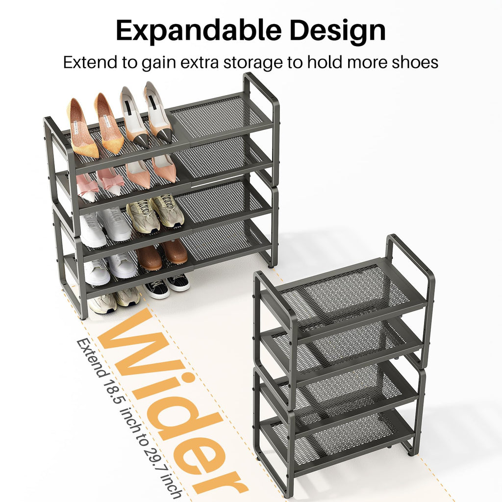 SNTD Shoe Rack - Expandable Shoe Organizer for Closet, Adjustable Metal Shoe Shelf Storage, Stackable Long Shoe Stand Holder for Garage, Entryway, Door Entrance (Black, 2-Tier)