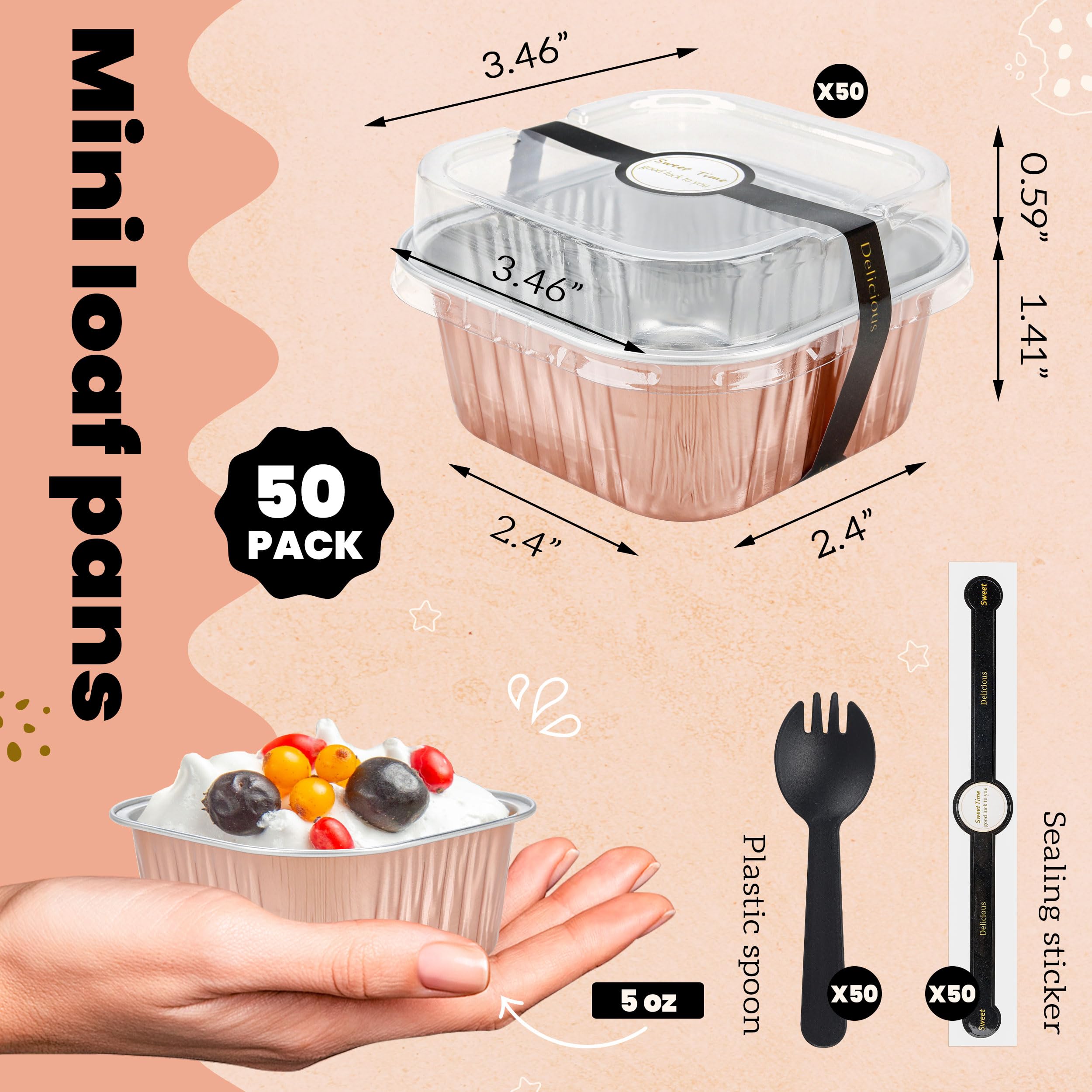 50 Pcs Mini Cake Pans with Lids and Spoons Aluminum Foil Mini Square Baking Cups with Lids Disposable Ramekins Cake Pans Dessert Cups for Wedding Birthday Party(Pink,5oz)