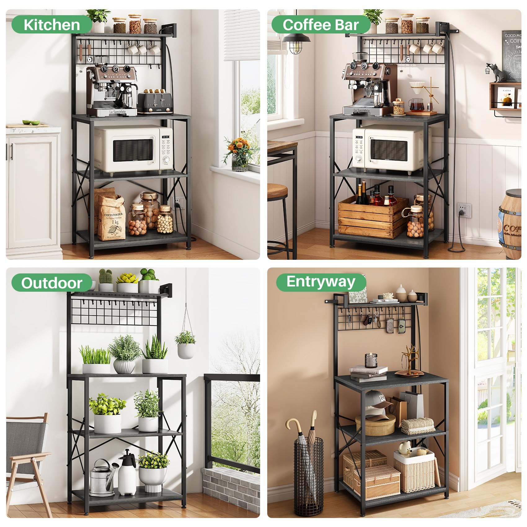 SNTD Bakers Rack with Power Outlet, Kitchen Shelves Microwave Stand with Wire Grid and 10 Hooks, 4 Tiers Coffee Stand (Rustic Brown, 23.5 x 15.6 x 52.8 Inches)
