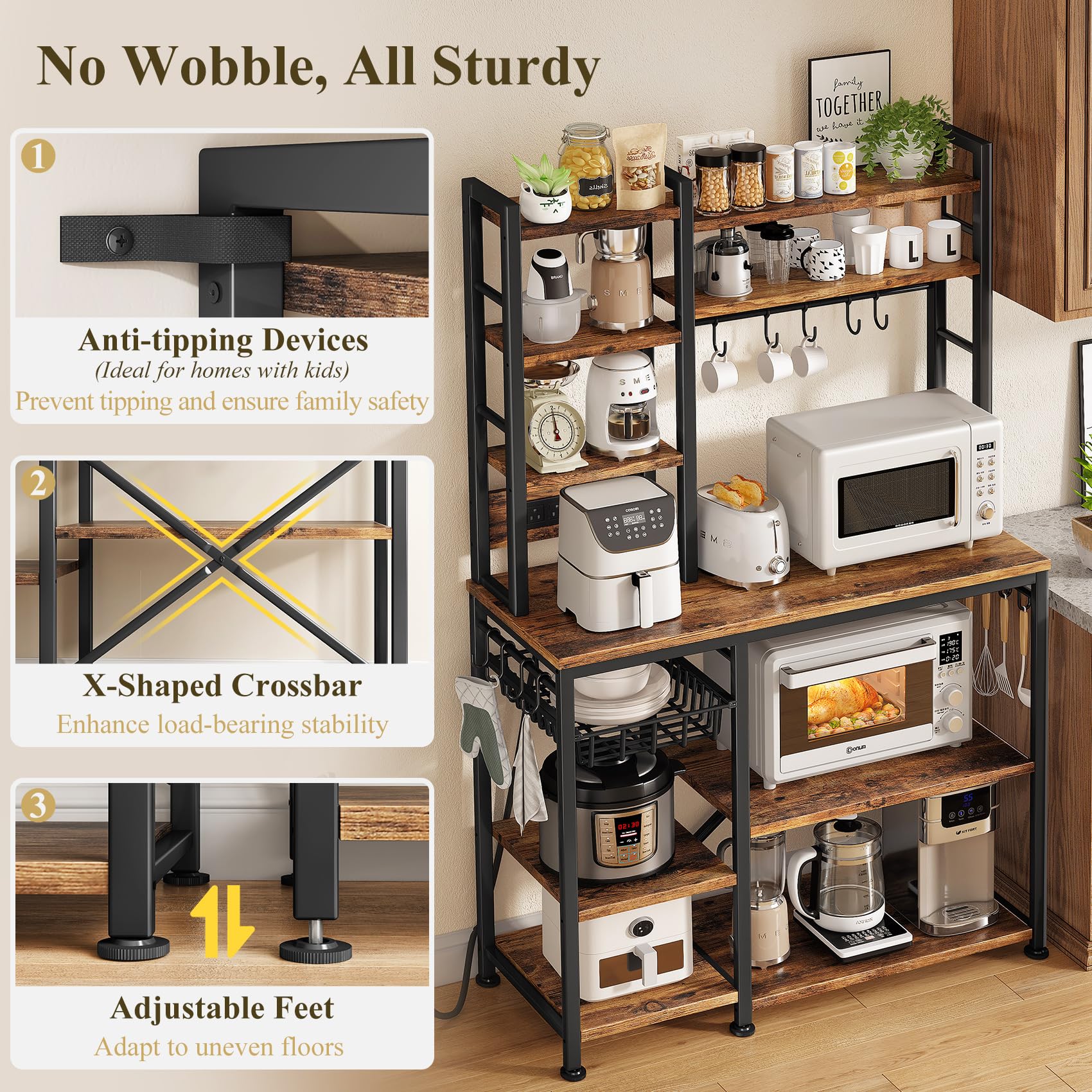 Baker Rack with Power Outlet - Microwave Stand with Storage, Large Coffee Bar Station with 14 Hooks, Metal Kitchen Shelf Rack for Spices, Pots (Rustic Brown) | with Power Outlet, with Storage, with 14 Hooks, for Spices, for Pots