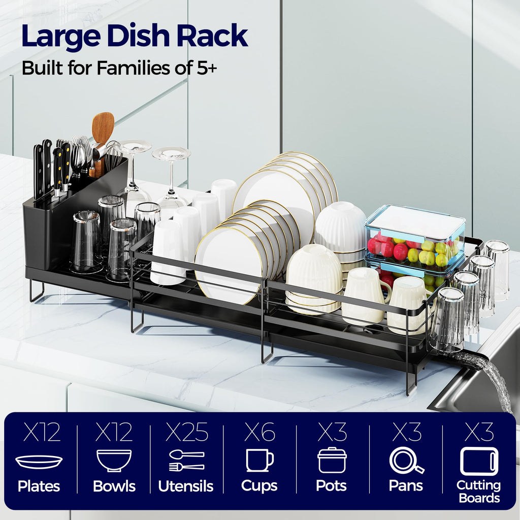 Large Dish Drying Rack, Expandable Dish Rack for Kitchen Counter, Upgraded Dish Drainer with Drainboard Set, Multifunctional Dishrack with Utensil Holder & Cup Holder, 13.4"-28.7" L x 11.8" W