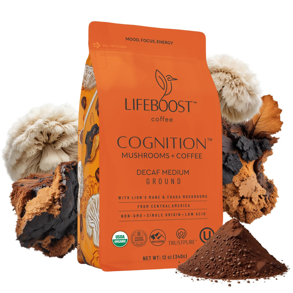 Lifeboost Cognition Adaptogenic Mushroom Coffee - Great Tasting Organic Lions Mane & Chaga Medium Roast Nootropic Coffee - Increase Energy, Boost Focus & Immune Support - 12 oz Bag - Ground