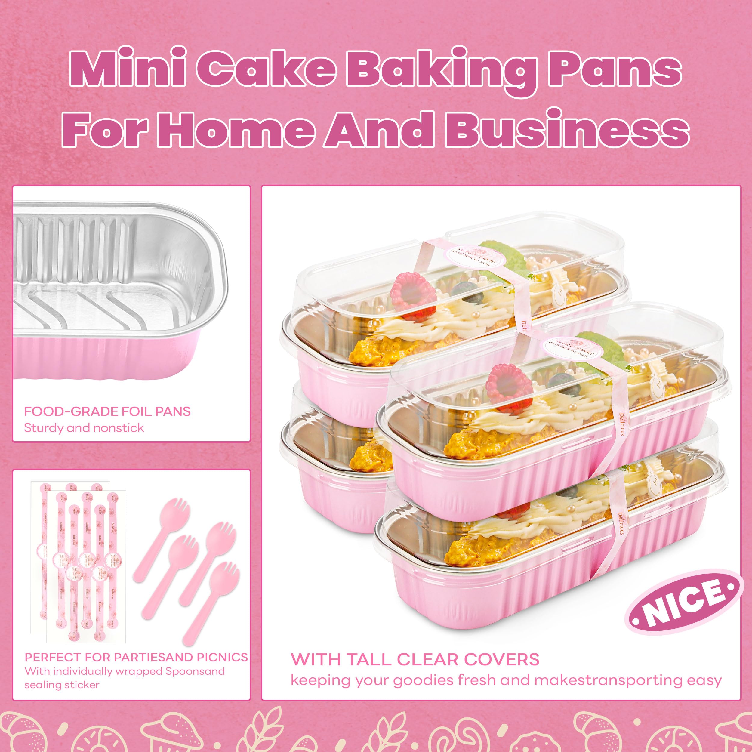 Mini Loaf Pans with Lids and Spoons Rectangular Aluminum Foil Baking Pans Mini Cheesecake Containers 6.8oz(60 Pack, Pink)