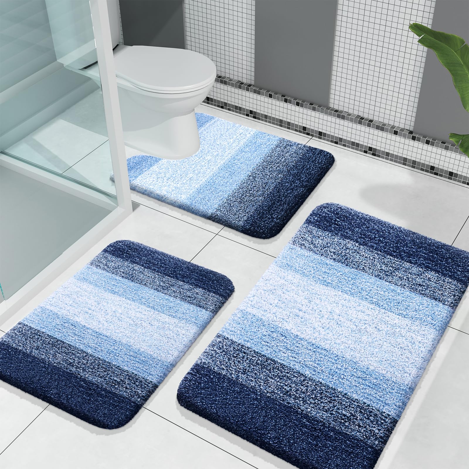 OLANLY Bathroom Rugs Sets 3 Piece, Soft Absorbent Microfiber Bath Mats and U-Shaped Contour Toilet Rug, Machine Wash Dry, Plush Shaggy Bath Mat Set for Bathroom (30"x20"+24"x16"+24"x20", Grey)