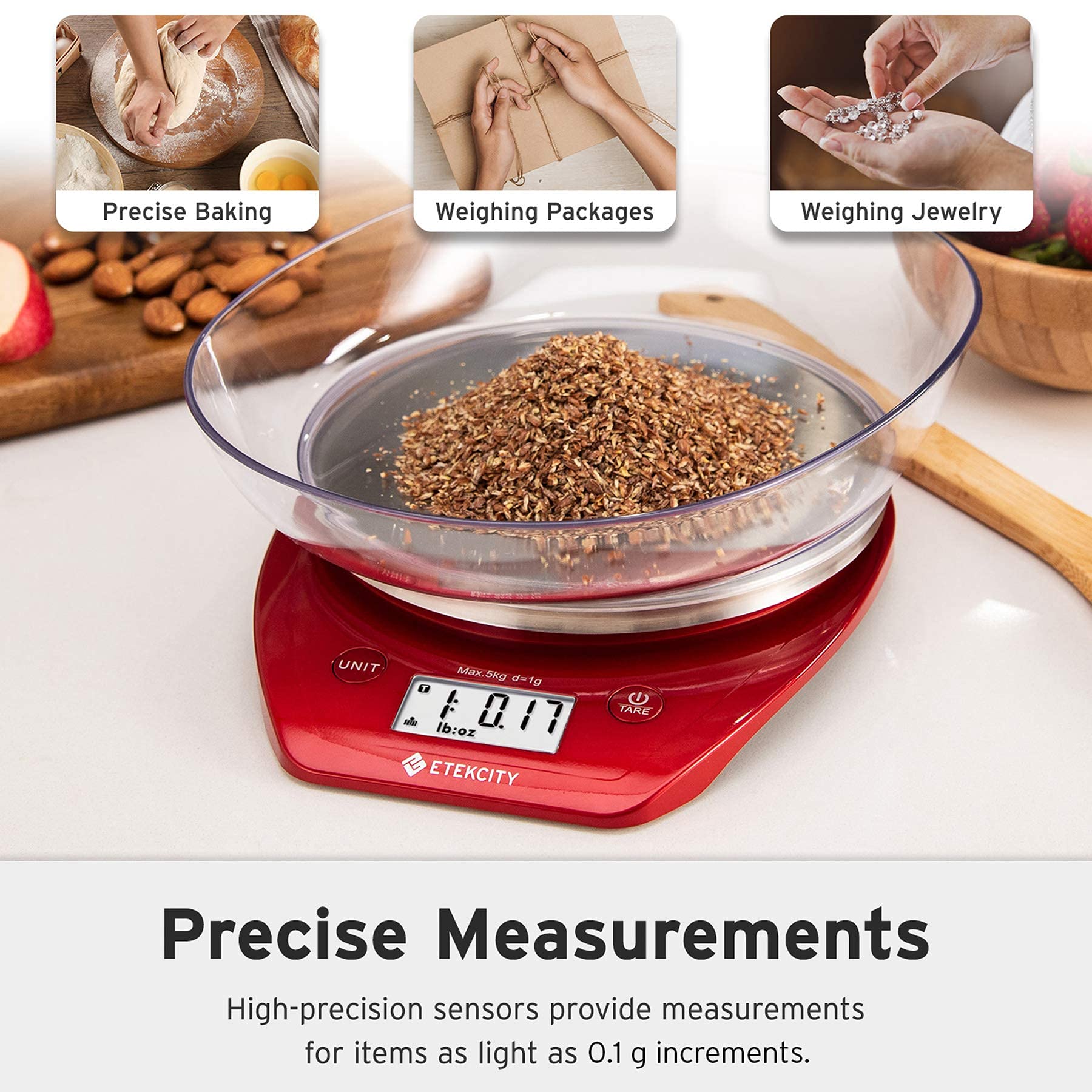 Etekcity 0.1g Food Kitchen Scale, Bowl, Digital Grams and Ounces for Weight Loss, Dieting, Baking, Cooking, and Meal Prep, 11lb/5kg, Stainless Steel Silver