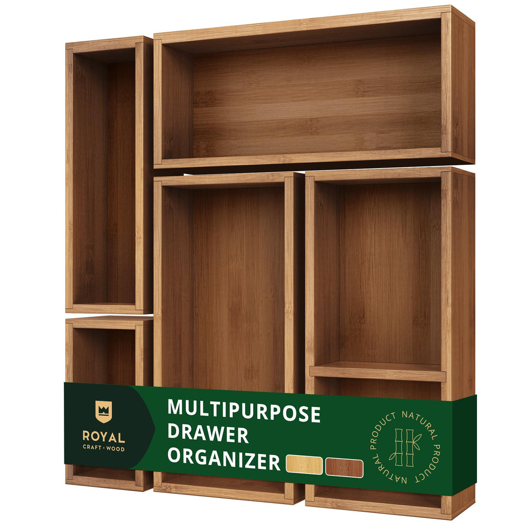 ROYAL CRAFT WOOD 5-Piece Bamboo Drawer Organizer Set – Multi-Use Storage Trays for Kitchen, Bathroom, Office, Makeup, Jewelry & More – Junk Drawer Tray, Utensil Holder, Storage Box & Bin Set (5 Boxes)