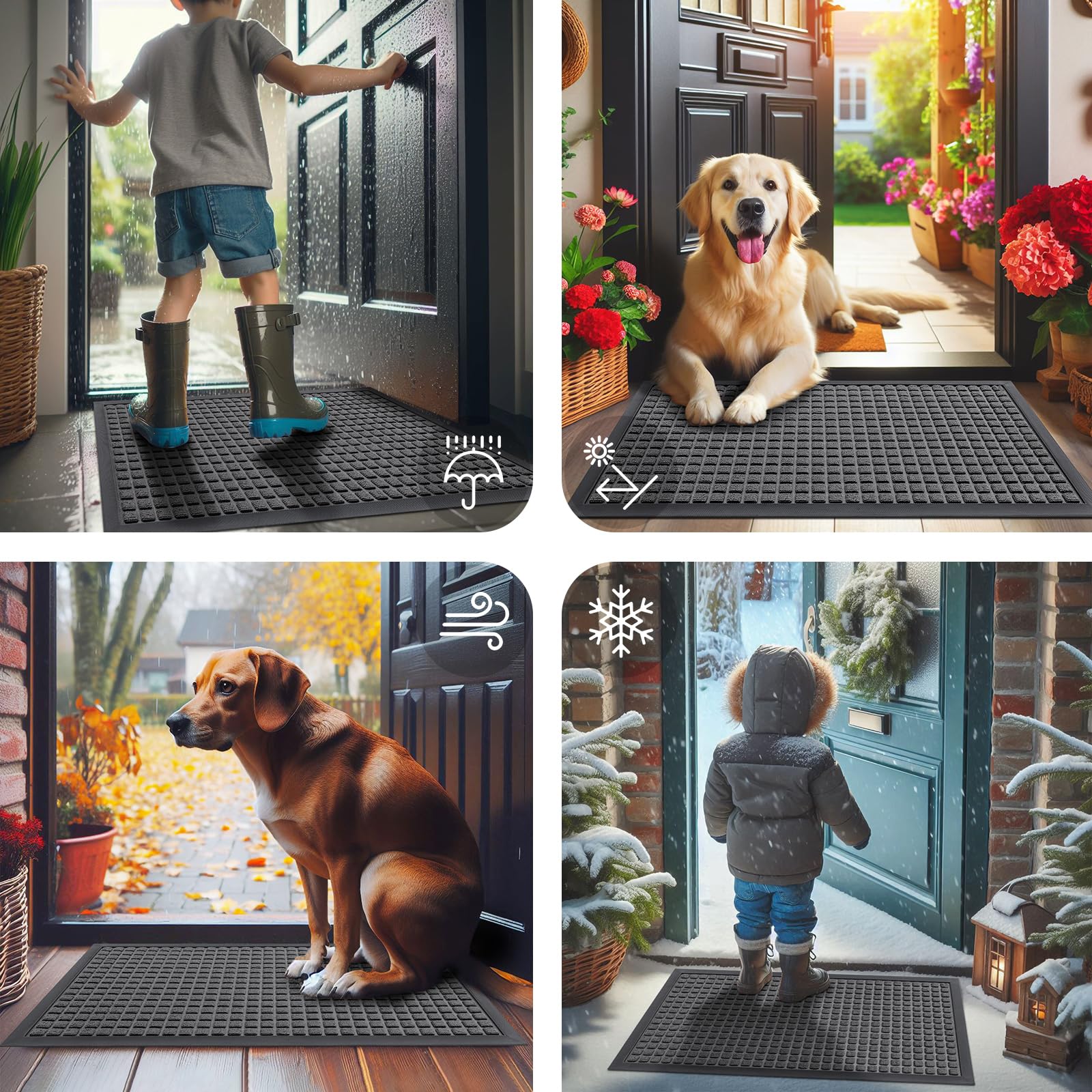 Smiry Front Door Mat Outside Entrance, Heavy Duty Natural Rubber Doormat, Non Slip, Trap Dirt and Moisture, Easy Clean, Low Profile Welcome Floor Mats for Indoor Outdoor Entry, 29.5x17 Inch, Black