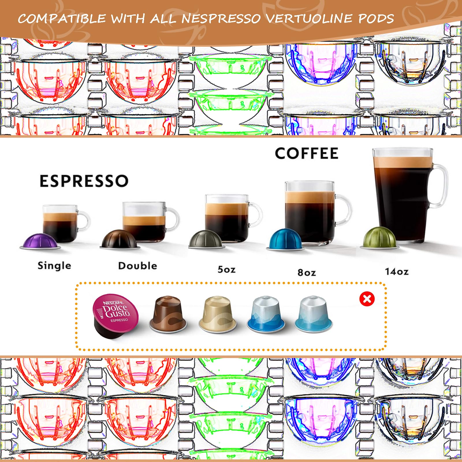 Vertuo Pod Holder Drawer with Deluxe Black Tempered Glass Top, Compatible for Nespresso VertuoLine Pods, Holds up to 75 Small or 50 Big Vertuo Pods Compact Design (Piano Black Nespresso Pods Holder)