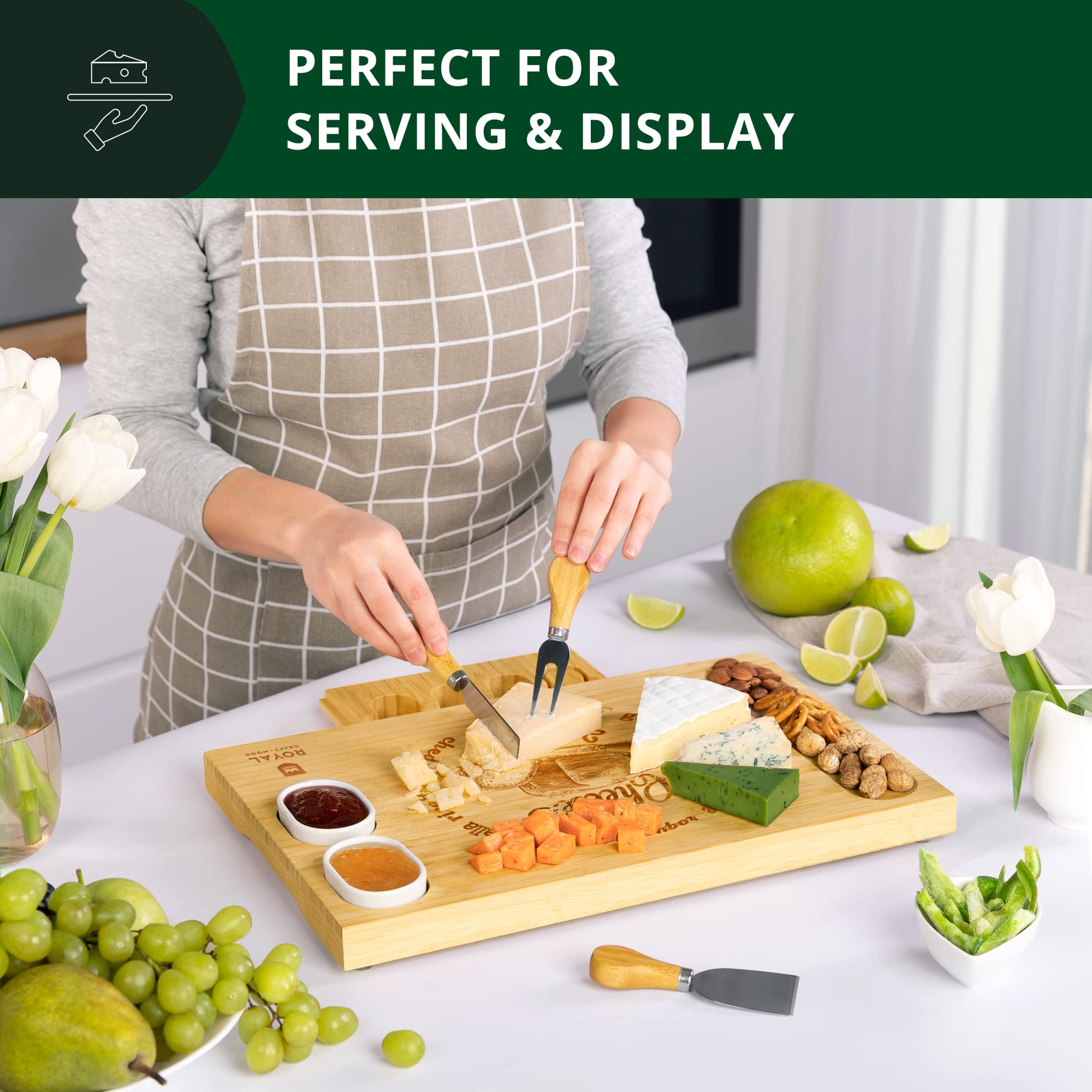 ROYAL CRAFT WOOD Premium Bamboo Charcuterie Board Set - Cheese Platter & Serving Tray & Serving Utensils - Perfect Housewarming Gift, Wedding, Bridal Shower Gift - Ideal for Entertaining and New Home