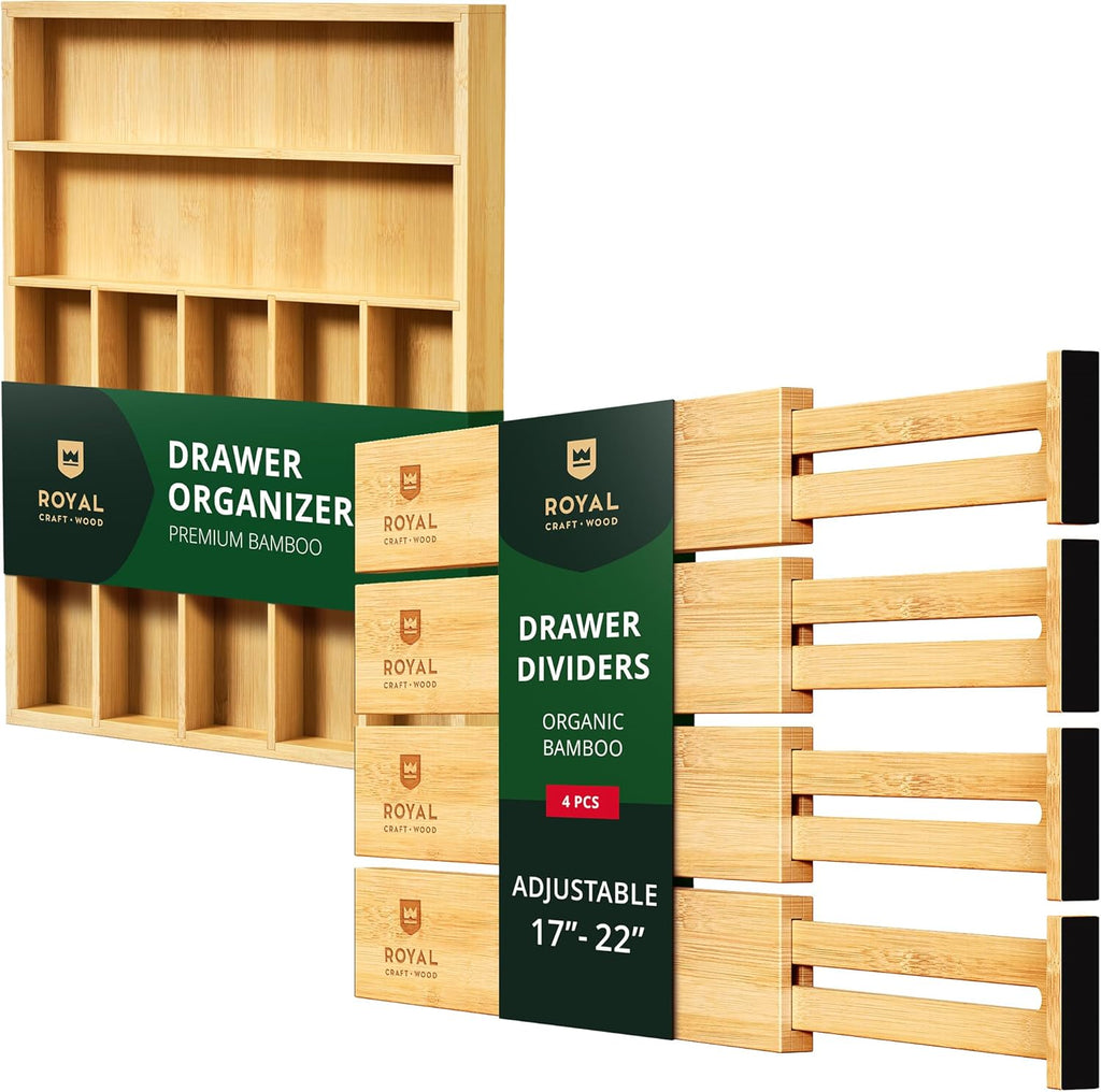 ROYAL CRAFT WOOD Adjustable Bamboo Drawer Dividers Organizers (17-22") - Bamboo Kitchen Drawer Organizer 7 Slot