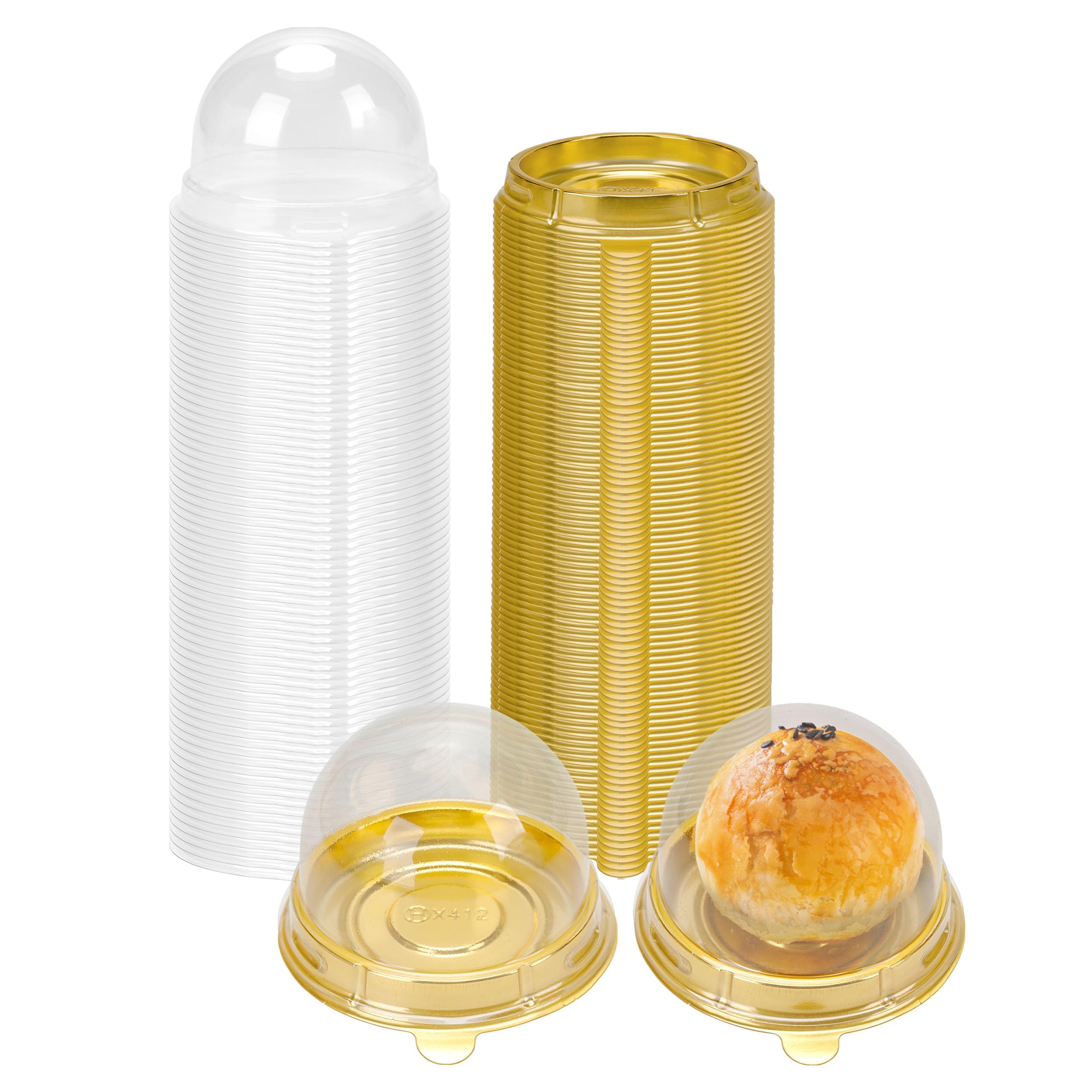 Mini Individual Cupcake Container Mini Cupcake Holder Desk Pet Containers for Chocolate Covered Cookies, Strawberry, Mooncake(50 Pack, Gold)