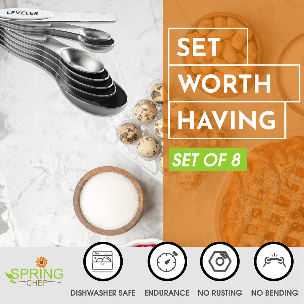 Spring Chef Stainless Steel Magnetic Measuring Spoons Set with Strong N45 Magnets, Heavy Duty Metal Kitchen Gadgets for Baking & Cooking, Fits in Most Kitchen Spice Jars, Set of 8 with Leveler, Black