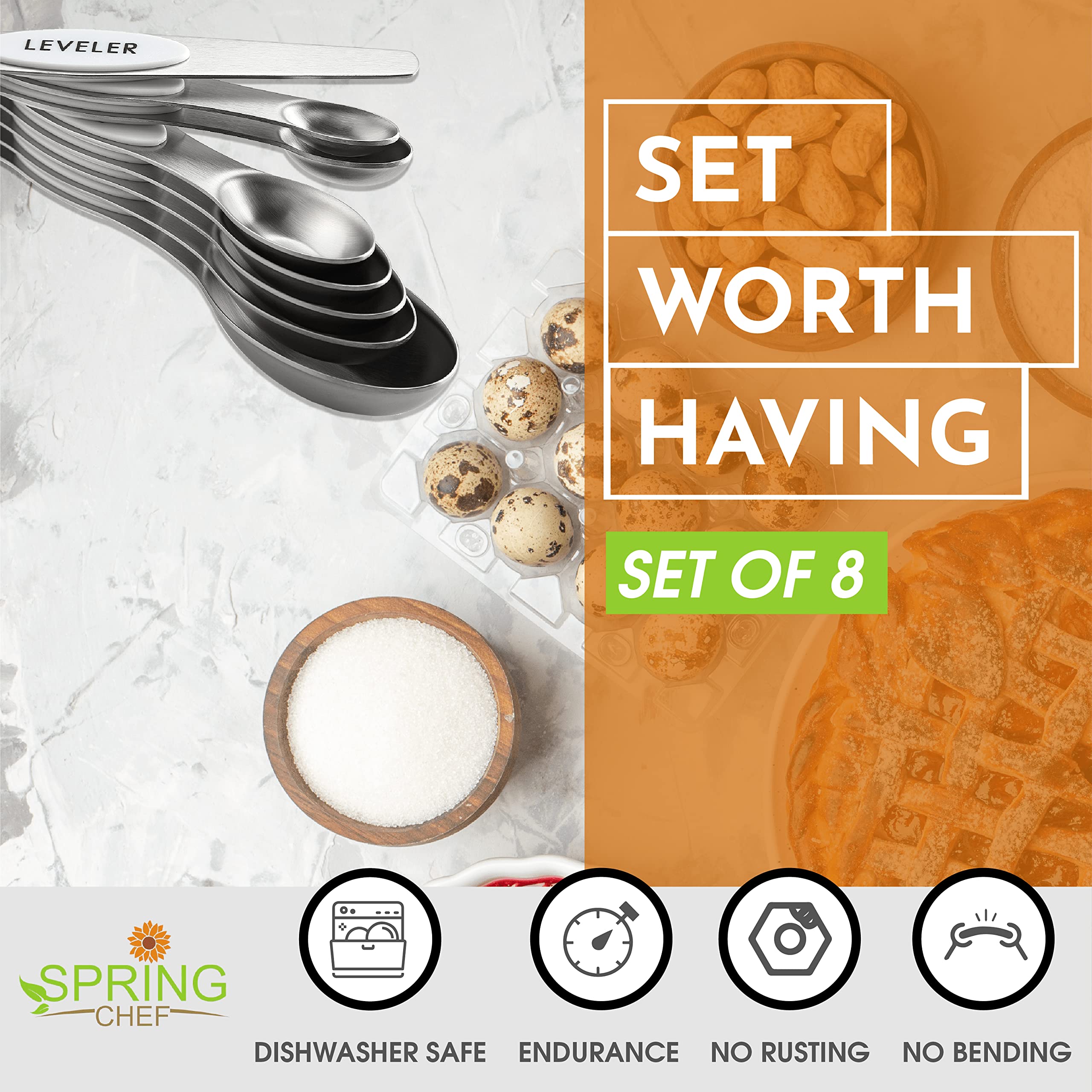 Spring Chef Stainless Steel Magnetic Measuring Spoons Set with Strong N45 Magnets, Heavy Duty Metal Kitchen Gadgets for Baking & Cooking, Fits in Most Kitchen Spice Jars, Set of 8 with Leveler, Black