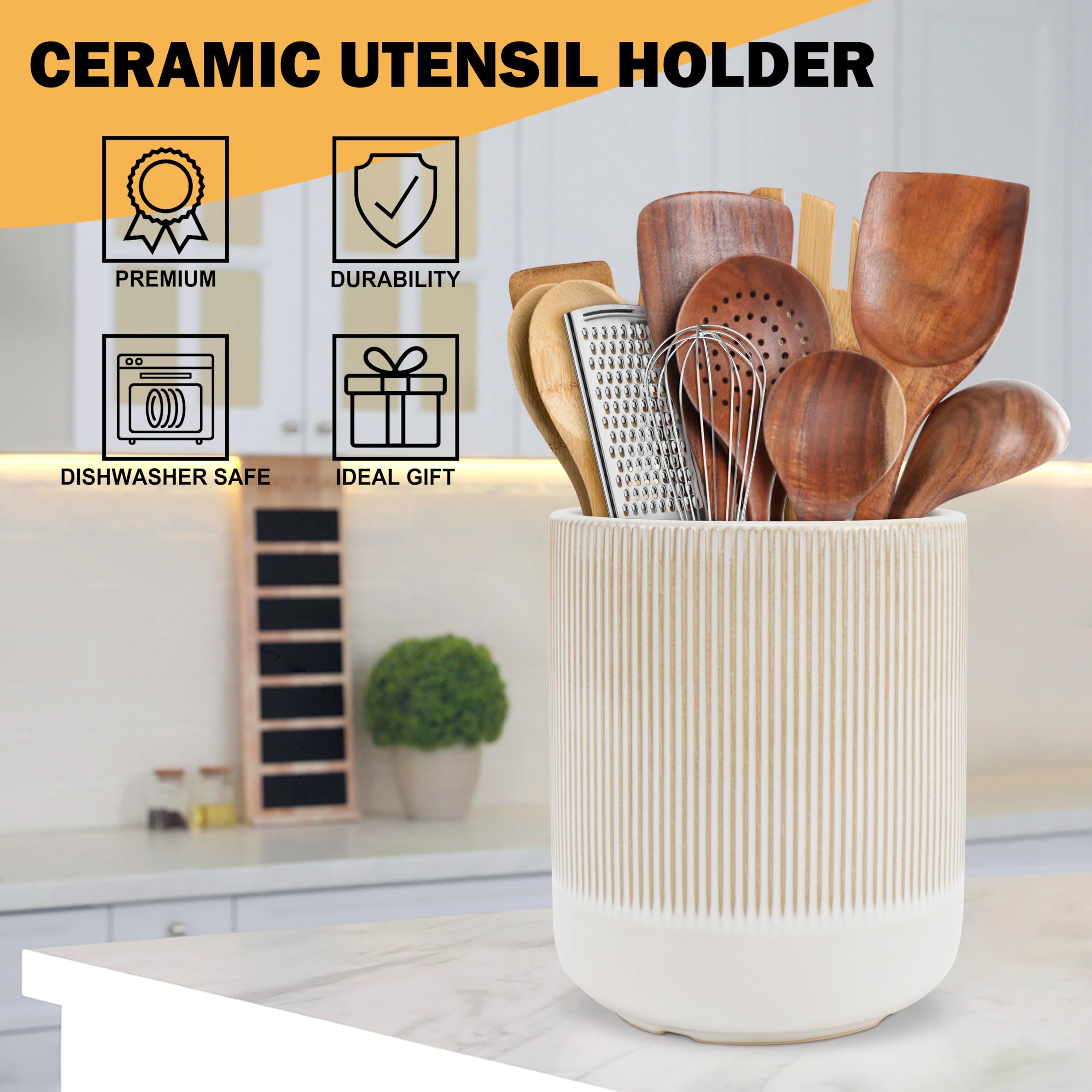 RedCall Kitchen Utensils Holder Large,Ceramic Utensil Organizer for Countertop,Morden Utensil Crock for Spoon Spatula,Home Kitchen Decor (Light Coffee)