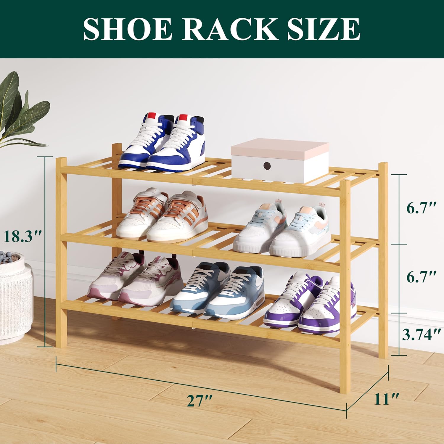 Smiry Bamboo Shoe Rack for Closet, 3 Tier Wooden Stackable Shoe Organizer, Free Standing Shoes Storage Shelf for Entryway, Front Door Entrance, Natural