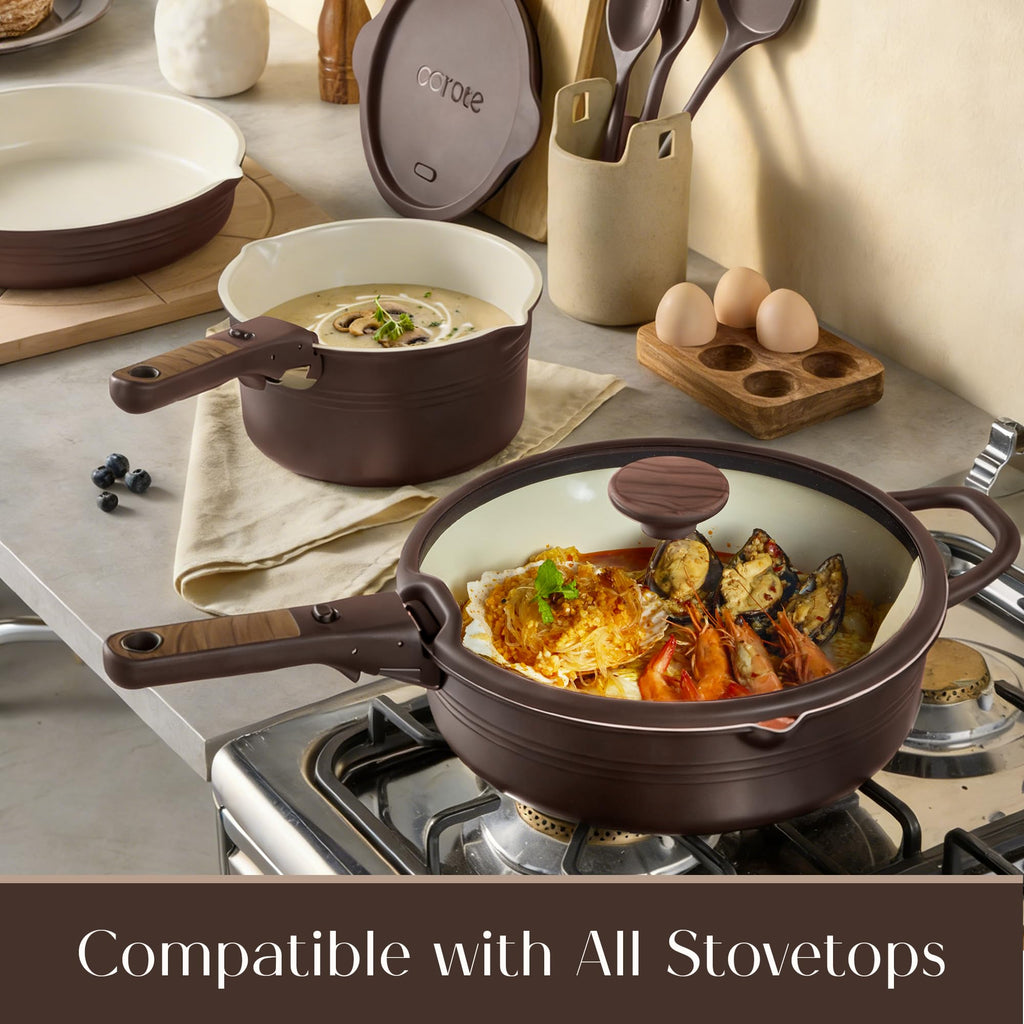 CAROTE 20Pcs Titanium Cookware Set, Pots and Pans Set Non Stick, Kitchen Cooking Set with Detachable Handle, Non Toxic Induction Cookware, Dishwasher/Oven Safe