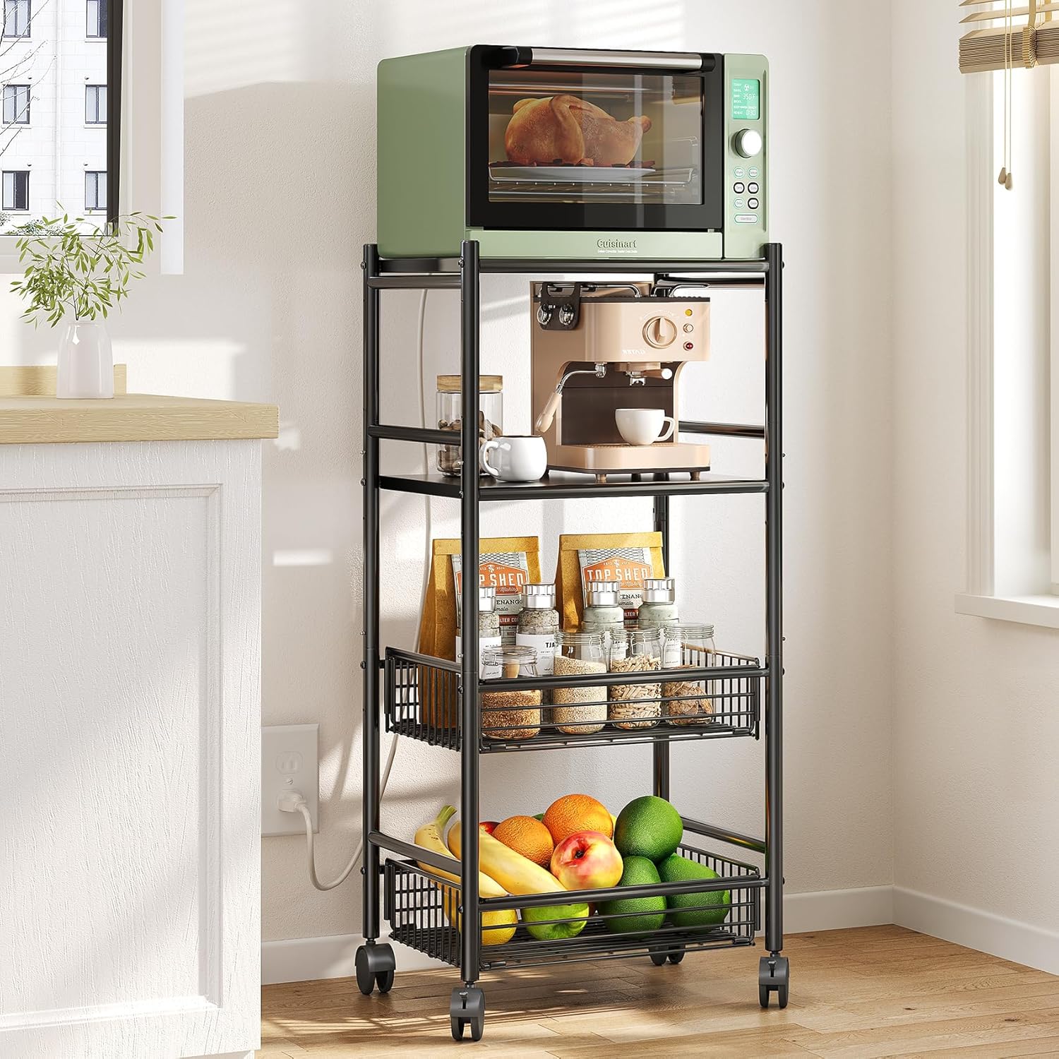 SAYZH Kitchen Microwave Stand Shelf - 4 Tiers Metal Bakers Rack with Casters, Coffee Bar Station with Storage, Black