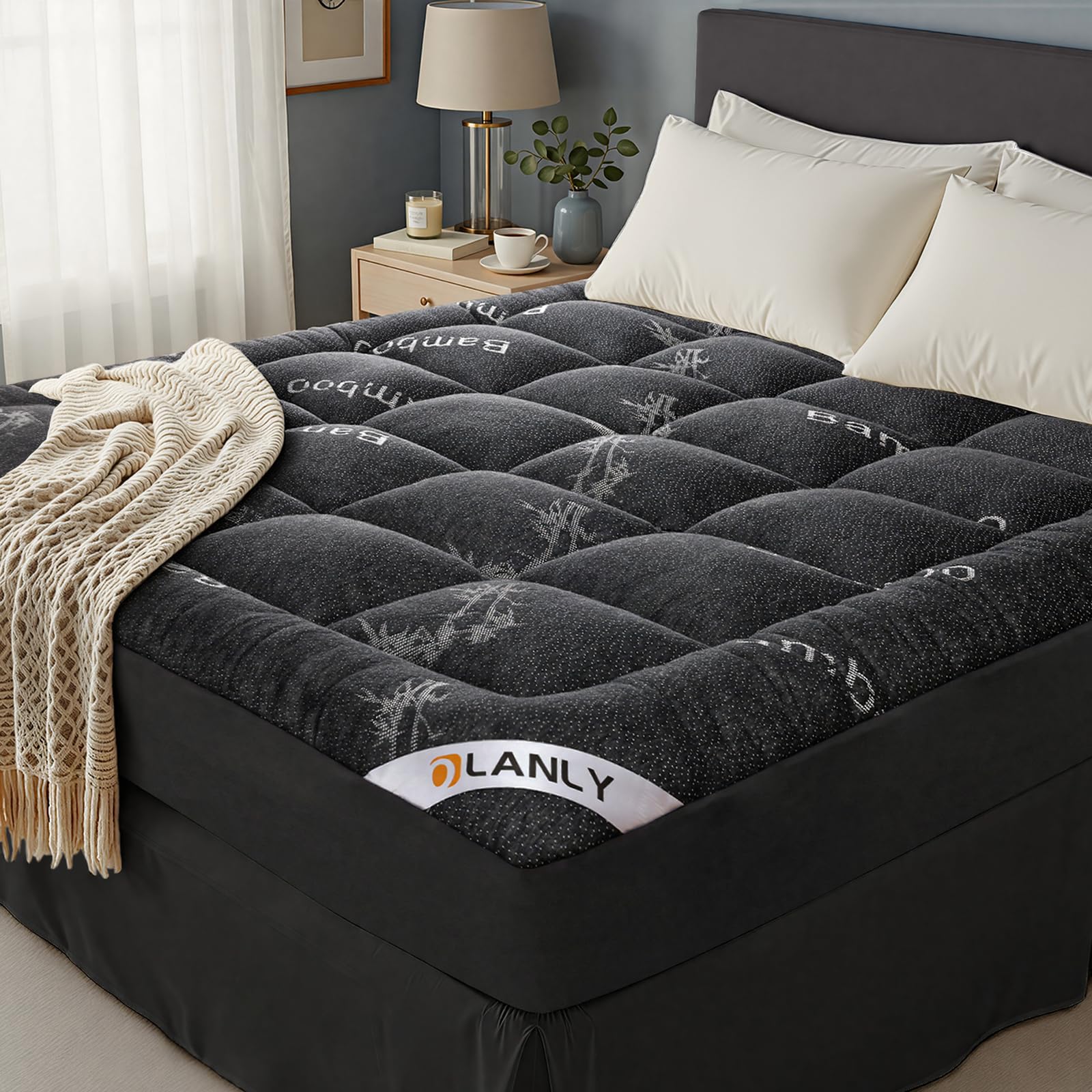 OLANLY Queen Mattress Topper – Viscose Made from Bamboo, Cooling Soft Queen Pillow Top Mattress Pad for Back Pain Relief, Plush Down Alternative Fill Bed Topper with Elastic Deep Pocket, Dark Gray