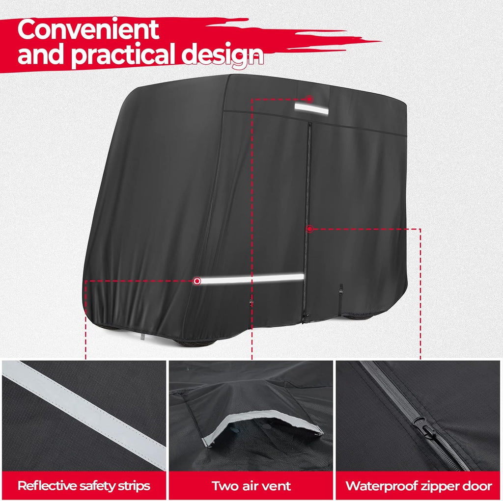 KEMIMOTO 600D Waterproof Golf Cart Cover, Universal Heavy Duty Large 2/2+2/4-Seater Golf Cart Rain Cover with Storage Bag Compatible with EZGO Club Car 2/2+2/4 Passenger, Black