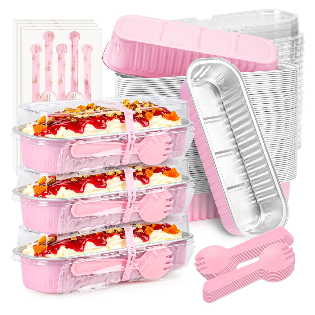 Mini Loaf Pans with Lids and Spoons Rectangular Aluminum Foil Baking Pans Mini Cheesecake Containers 6.8oz(60 Pack, Pink)