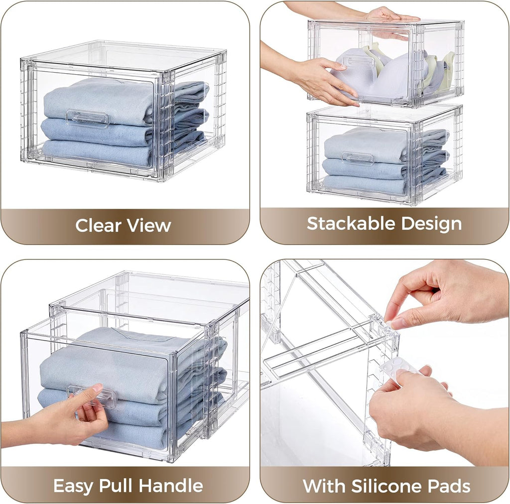 Vtopmart 4 Pack 18QT Clear Stackable Storage Drawers,Easily Assemble Closet Organizers,Plastic Storage Bins for Bathroom,Cabinet,Kitchen Pantry,Under Sink Organization(Medium)