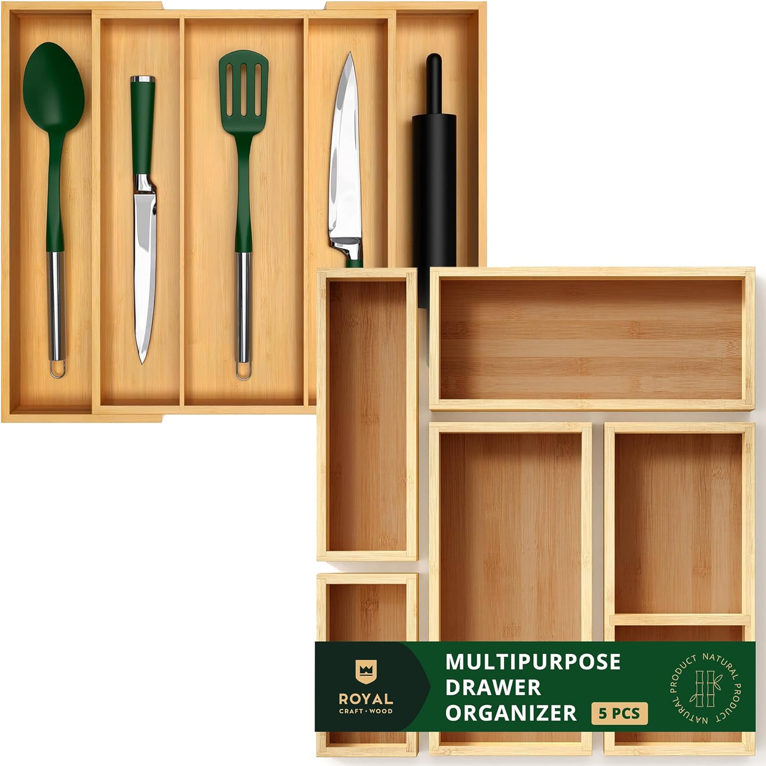ROYAL CRAFT WOOD Luxury Bamboo Kitchen Drawer Organizer - Expandable Utensil Organizer for Drawer - Multi-Use Drawer Organizer Set