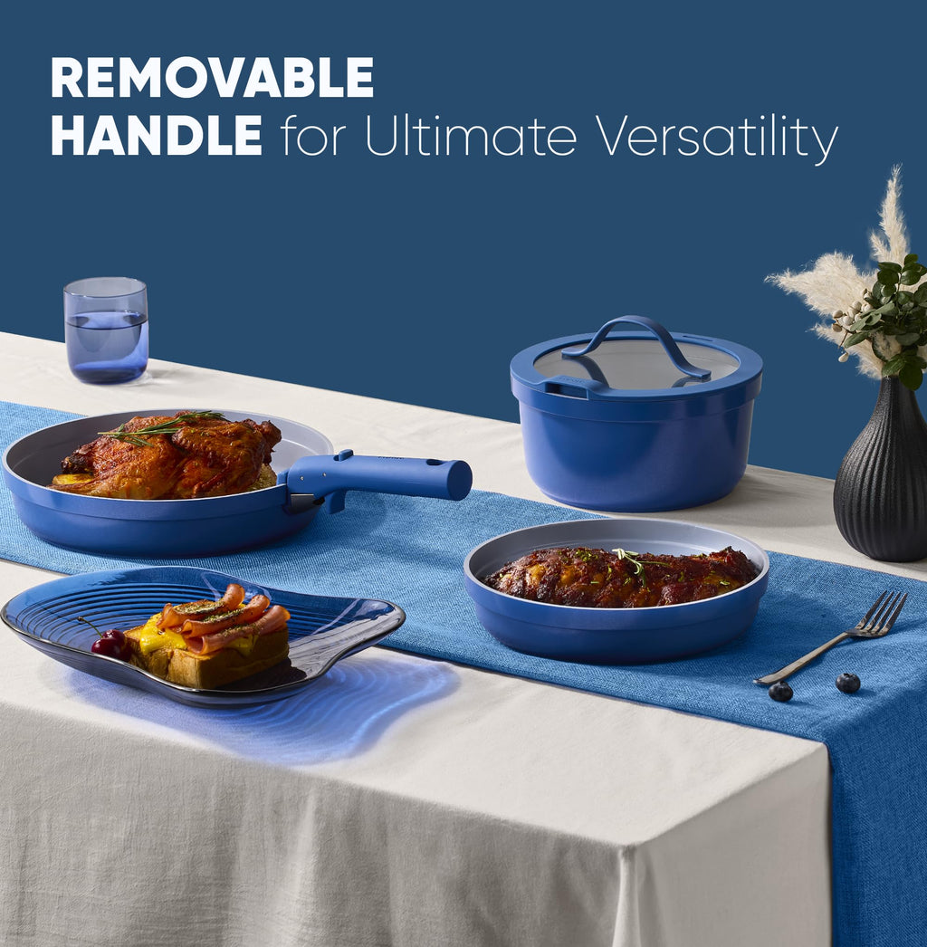 CAROTE 9pcs Pots and Pans Set,Ceramic Cookware Sets Non Stick with Detachable Handle, Induction Kitchen Pots and Pans,RV Cooking Set, Oven/Dishwasher/Fridge Safe, Malta Blue