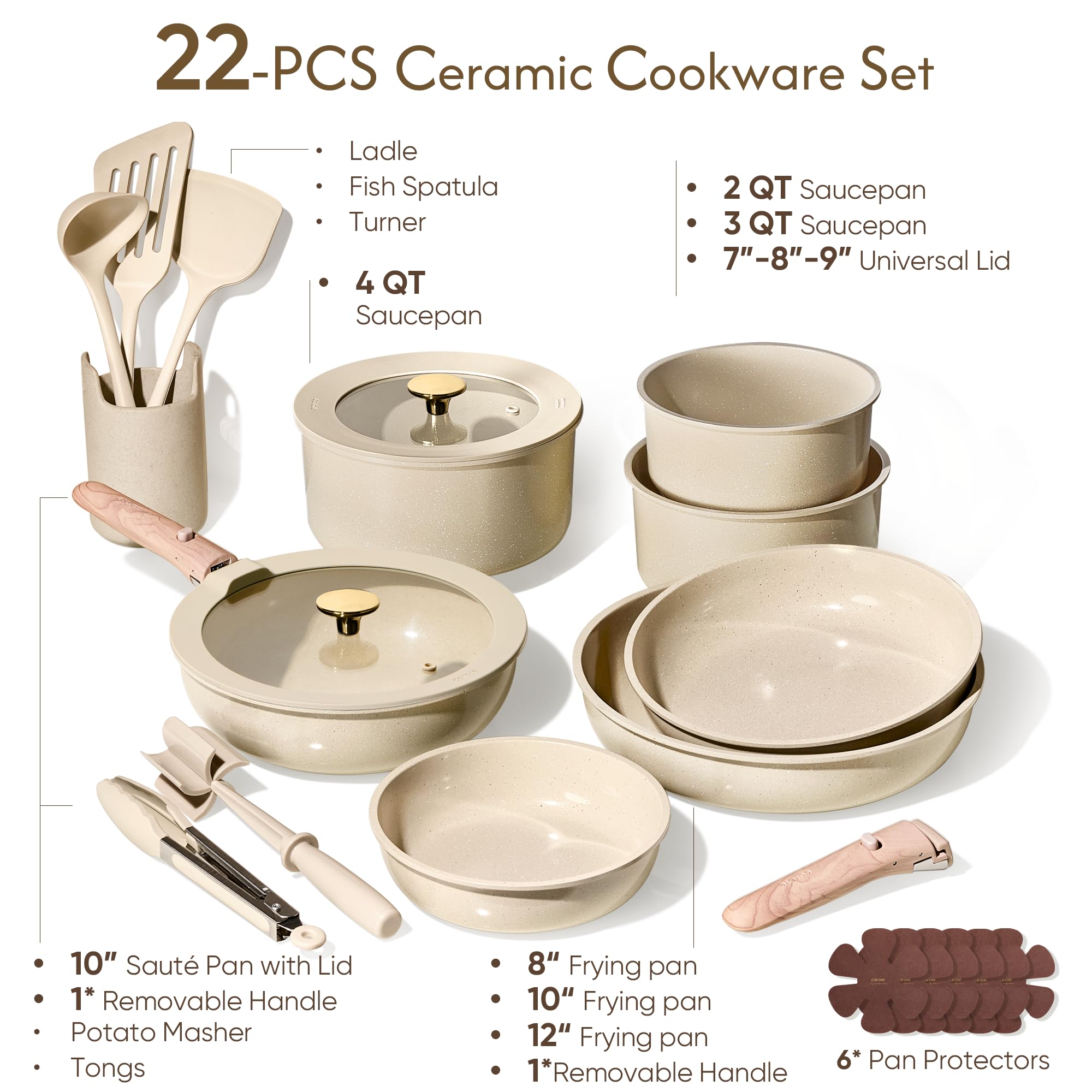 CAROTE 22PCS Pots and Pans set Non Stick, Ceramic Cookware Set, RV Kitchen Cooking Set Removable Handles, Oven Safe, Induction Coolware, Non-toxic Kitchen Cooking Set, PFAS and PFOA Free