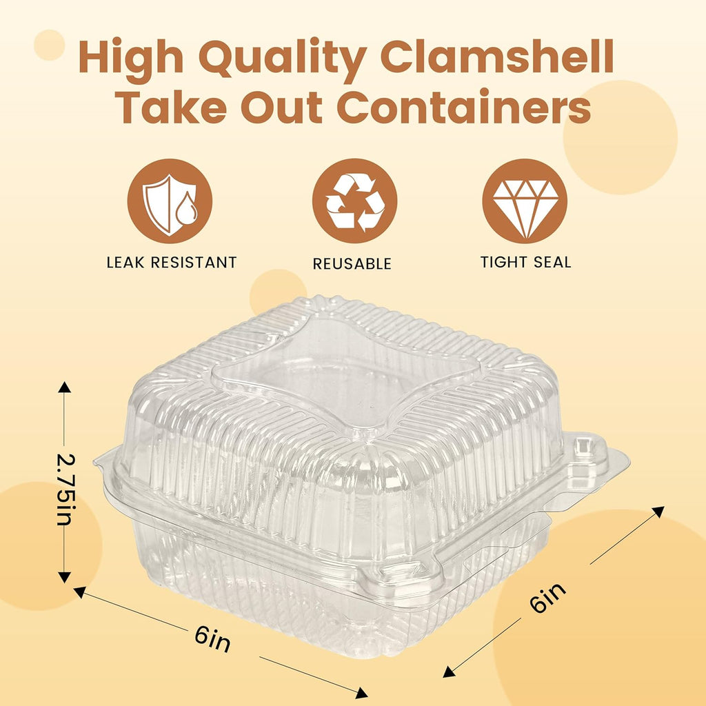 25 Pack Clear Thickening Plastic Hinged Take Out Containers Disposable Clamshell Food Cake Containers with Lids 5.8 x 5.8 x 2.75 inch for Dessert, Cakes, Salads, Pasta, Sandwiches