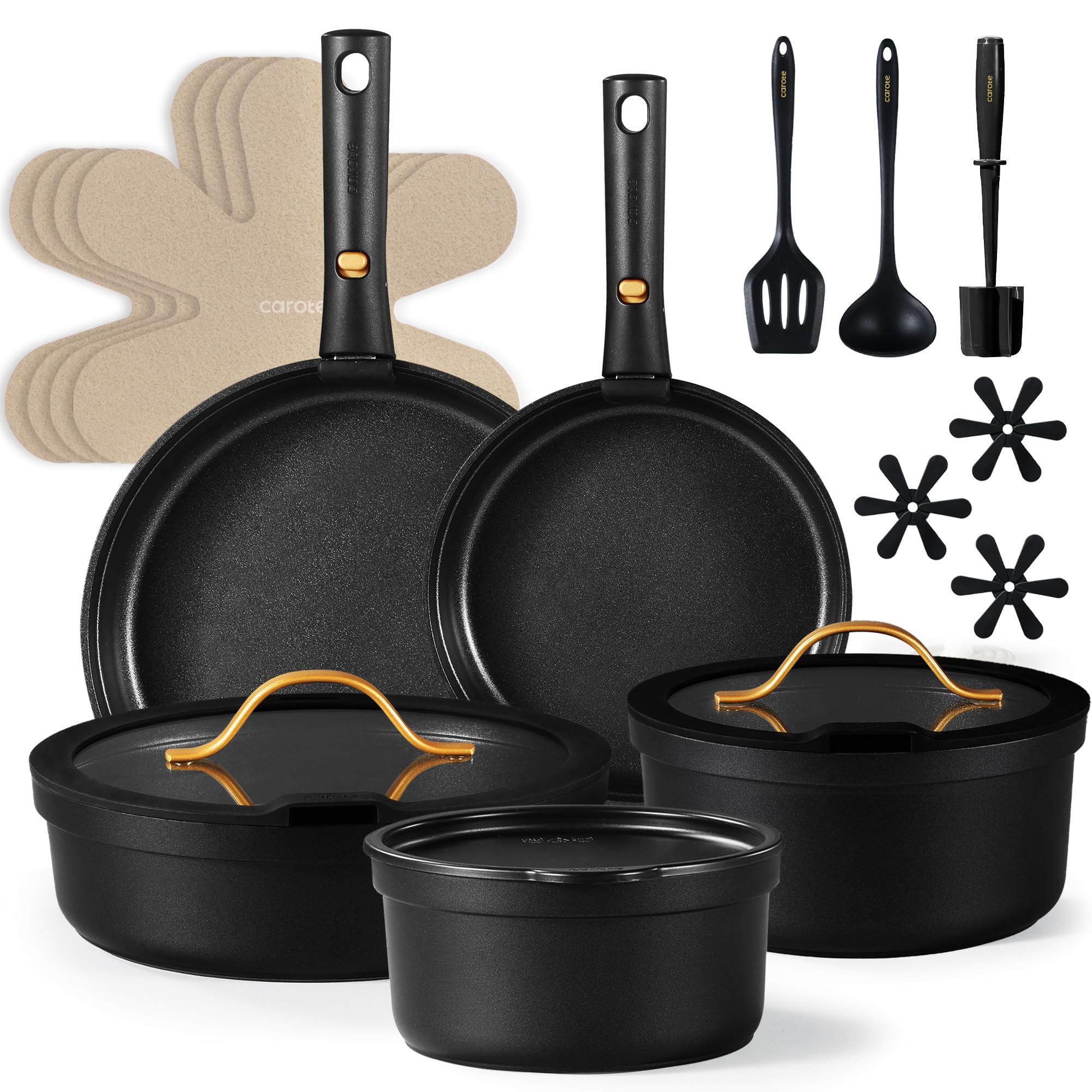CAROTE 20pcs Pots and Pans Set Non Stick, Nonstick Cookware Set, Dishwasher/Oven/Fridge Safe Pots and Pans, Removable Handle RV Oven Safe Cookware, Induction Kitchen Set, Black