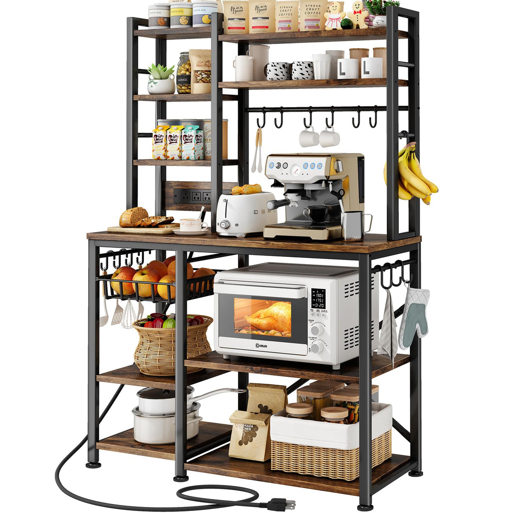 Baker Rack with Power Outlet - Microwave Stand with Storage, Large Coffee Bar Station with 14 Hooks, Metal Kitchen Shelf Rack for Spices, Pots (Rustic Brown) | with Power Outlet, with Storage, with 14 Hooks, for Spices, for Pots