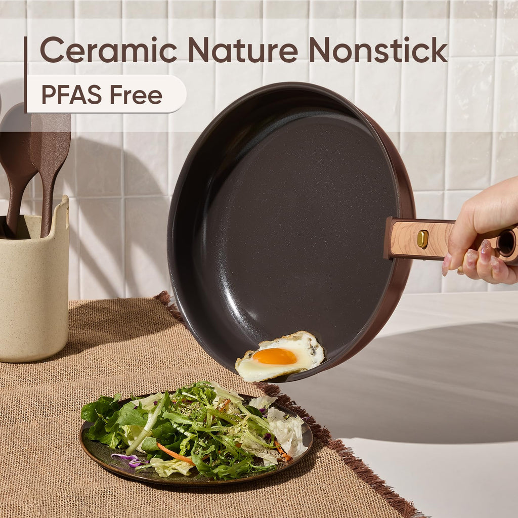 CAROTE 19PCS Ceramic Nonstick Cookware Set, Pots and Pans Set with Detachable Handle, PFAS-Free Non-Toxic, Induction & Oven Safe, Stackable Space-Saving, Dark Choco