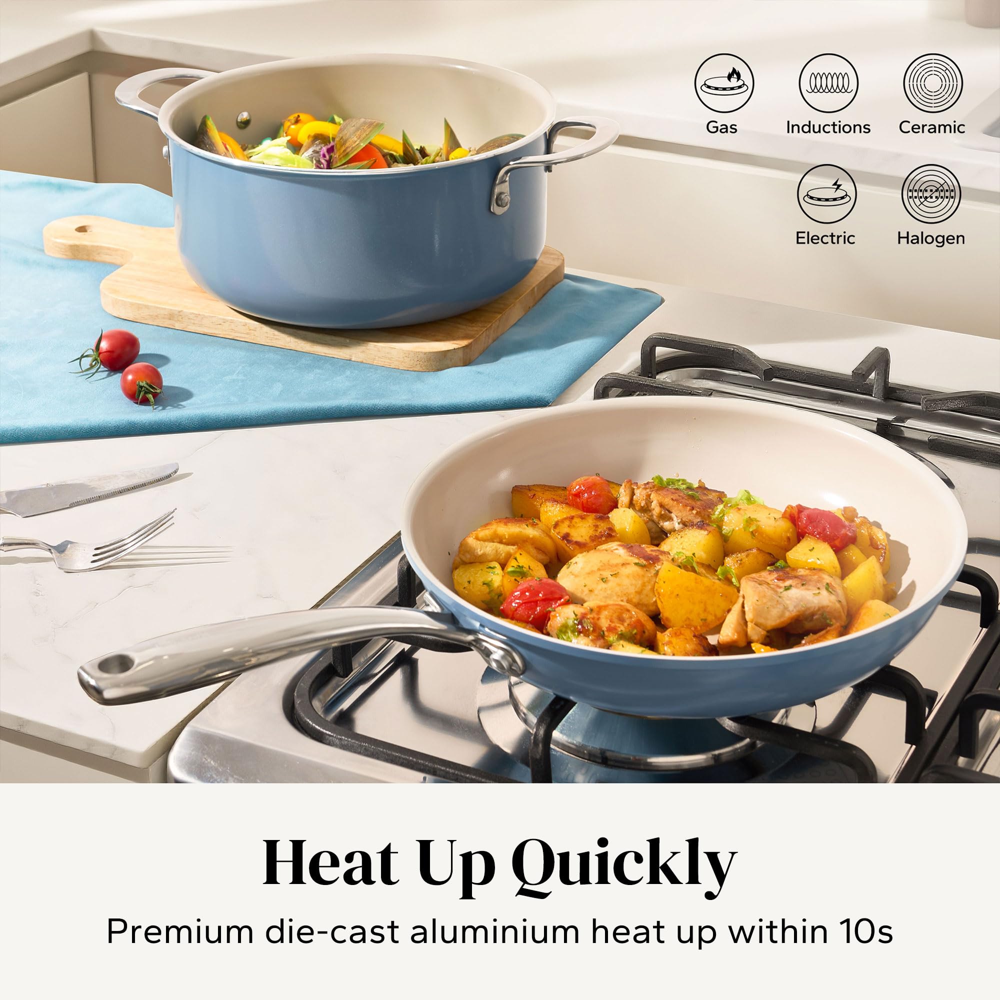 Redchef Ceramic Nonstick Cookware Set,14pcs Pots and Pans Set Non Stick,Induction Cookware with Stainless Steel Handle,Non Toxic Kitchen Cooking Set,Dishwasher & Oven Safe,PFAS PFOA & PTFE Free
