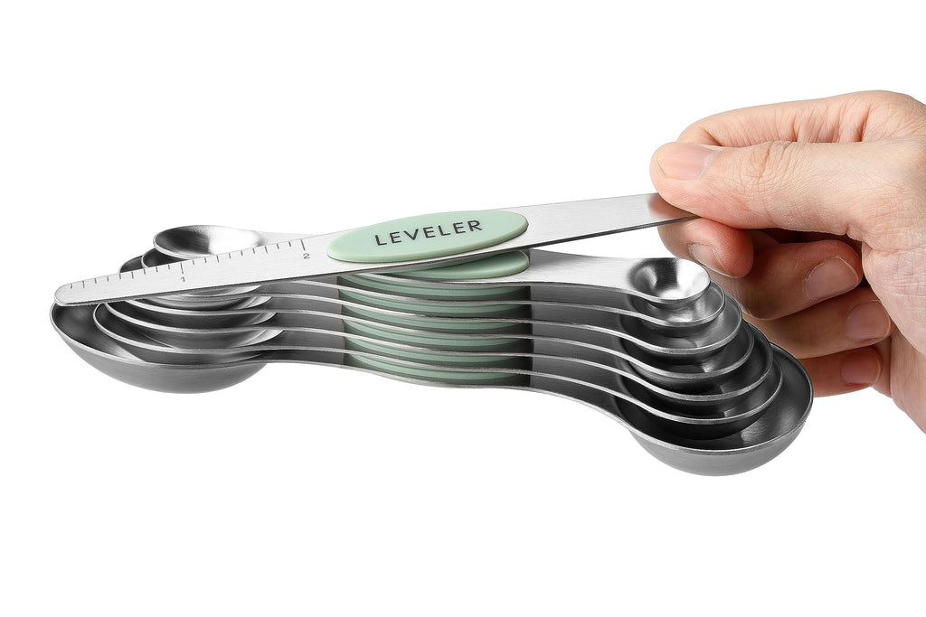 Spring Chef Stainless Steel Magnetic Measuring Spoons Set with Strong N45 Magnets, Heavy Duty Metal Kitchen Gadgets for Baking & Cooking, Fits in Most Kitchen Spice Jars, Set of 8 with Leveler, Black