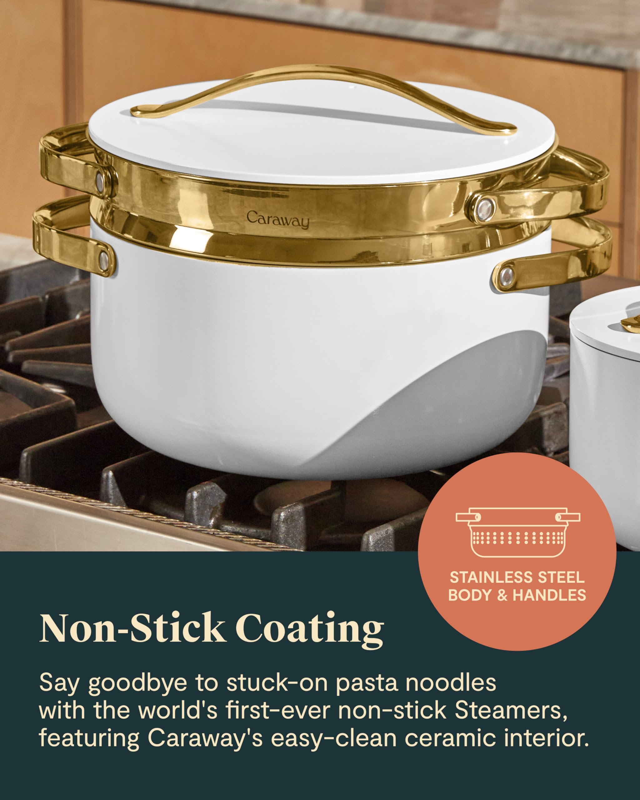Caraway Steamer - Stainless Steel Steamer with Handles - Non Stick, Non Toxic Coating - Steam Veggies, Seafood, and More - Compatible With Our Dutch Oven or Sauce Pan - Small