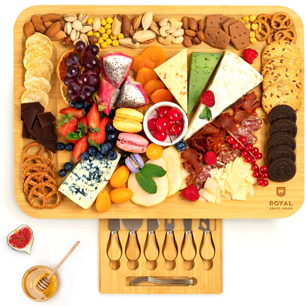 ROYAL CRAFT WOOD Premium Bamboo Charcuterie Board Set - Cheese Platter & Serving Tray & Serving Utensils - Perfect Housewarming Gift, Wedding, Bridal Shower Gift - Ideal for Entertaining and New Home