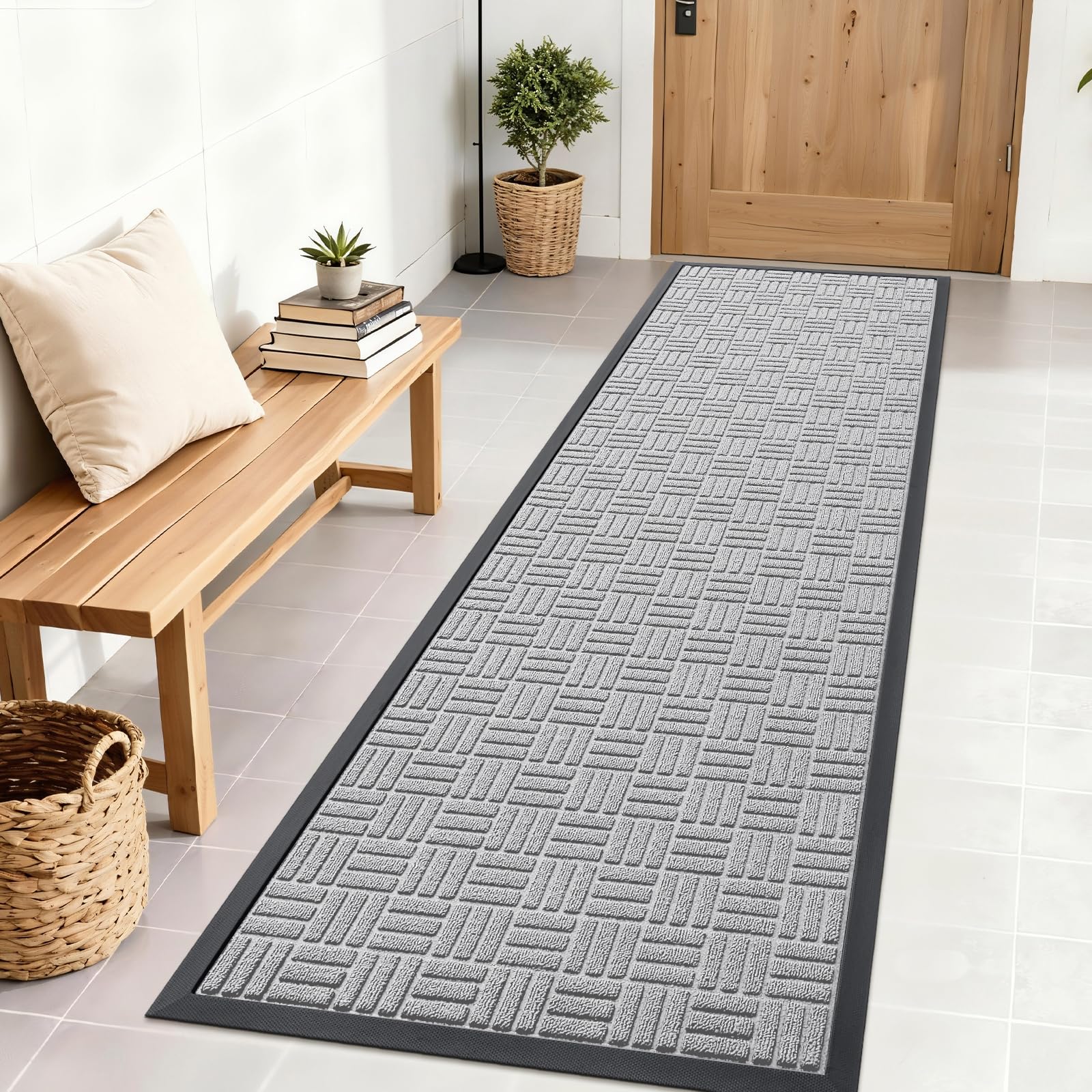 OLANLY Front Door Mat Outside Entrance 29.5x17, Absorbent, Heavy Duty Sturdy Natural Rubber Doormat Indoor Outdoor, Stain and Fade Resistant, Non-Slip Backing Low Profile Floor Mat for Entryway, Grey