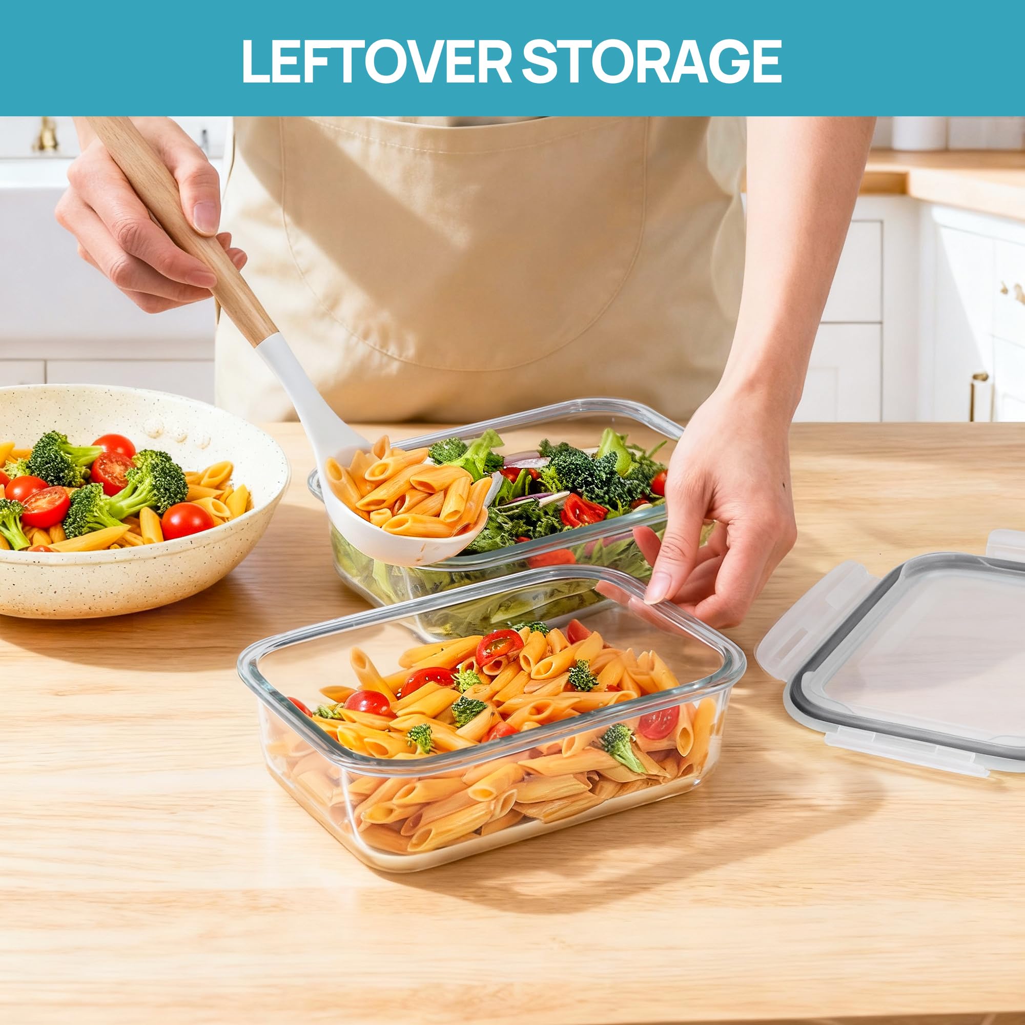 Vtopmart 2Pack 1860ml/63oz Large Glass Storage Containers with Lids, Meal Prep Food Container Set with Snap Airtight Lid for Baking, Microwave, Oven, Leak Proof, for Freezer, Dishwasher, Grey