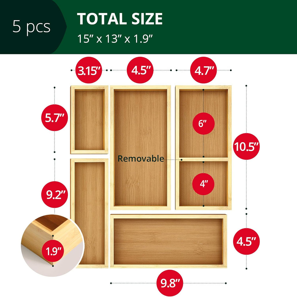 ROYAL CRAFT WOOD Adjustable Bamboo Drawer Dividers Organizers (17-22") - Multipurpose Storage Boxes 5 pcs