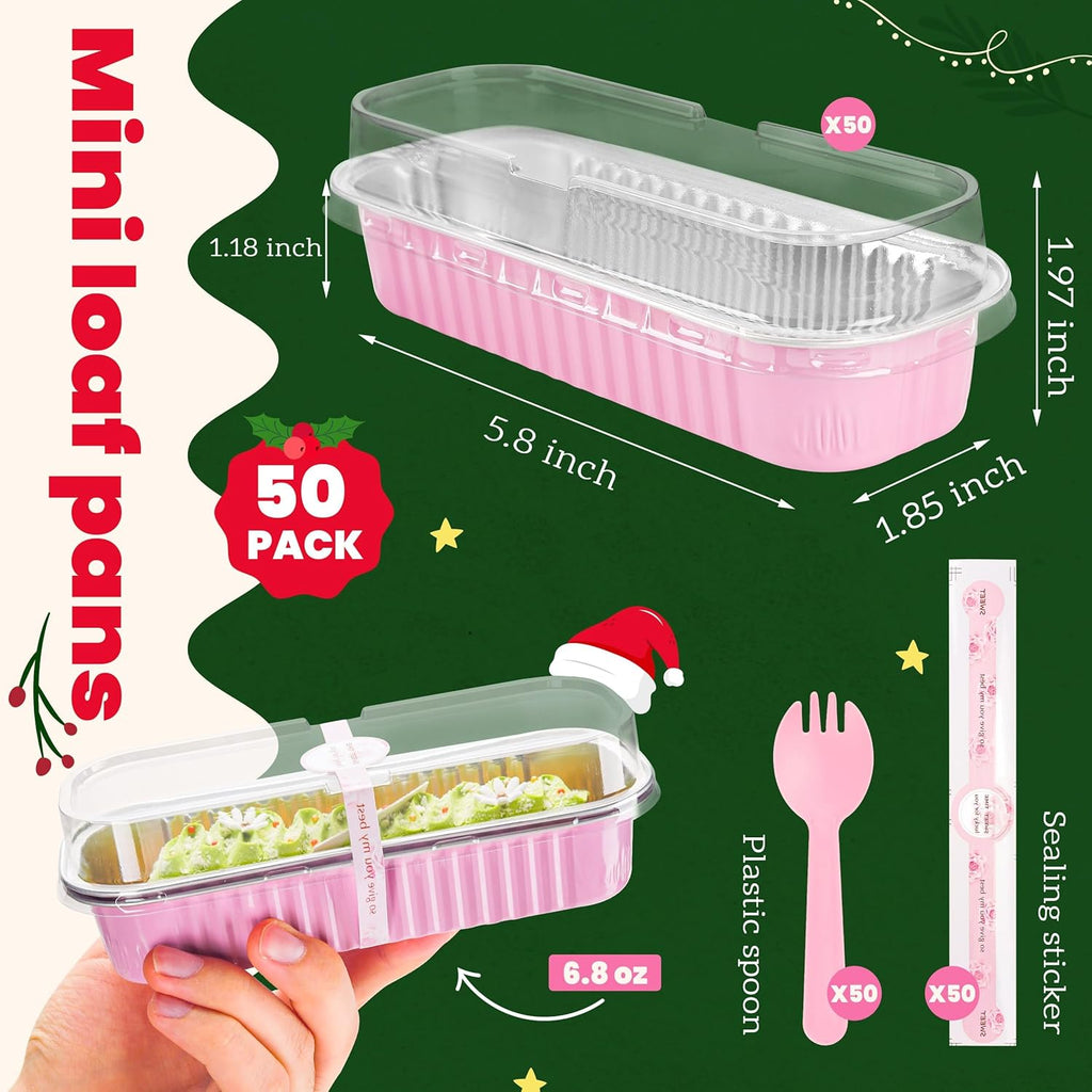50 PACK Mini Cake Pans with Lids and Spoons,Rectangular Aluminum Foil Bread Pan,Mini Loaf Pans and Food Containers with Lids(Pink,6.8oz)
