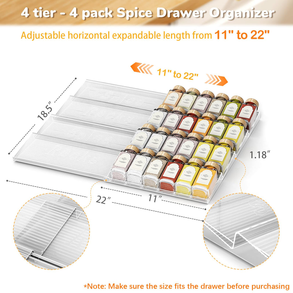 2-Tier Spice Drawer Organizer 4 Pack, Expandable from 11" to 22" Clear Acrylic Spice Rack for Drawer, Seasoning Organizer Holds Up to 48 Jars for Kitchen Spice Organization(Jars Not Included)