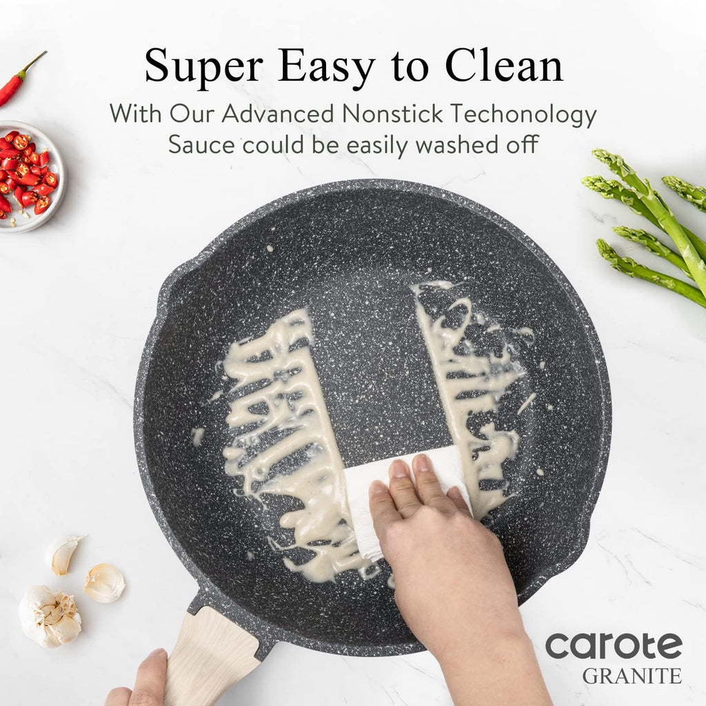 CAROTE 12Inch Nonstick Deep Frying Pan with Lid, 5.5 Qt Jumbo Cooker Saute Pan with Pour Spout, Skillet Induction Cookware, Non Stick Cooking Pan Kitchen Pan PFOA Free, White Granite