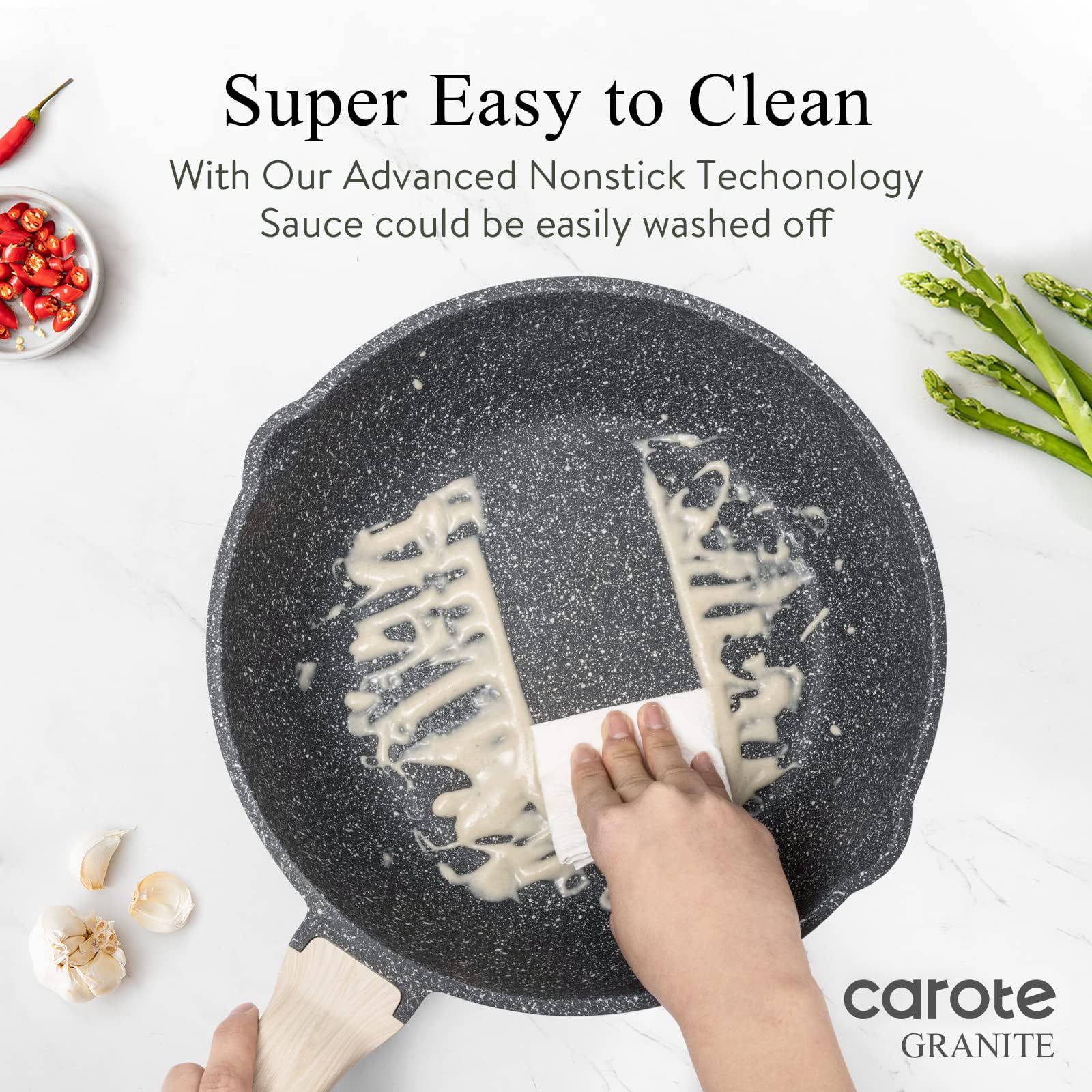 CAROTE 12Inch Nonstick Deep Frying Pan with Lid, 5.5 Qt Jumbo Cooker Saute Pan with Pour Spout, Skillet Induction Cookware, Non Stick Cooking Pan Kitchen Pan PFOA Free, White Granite