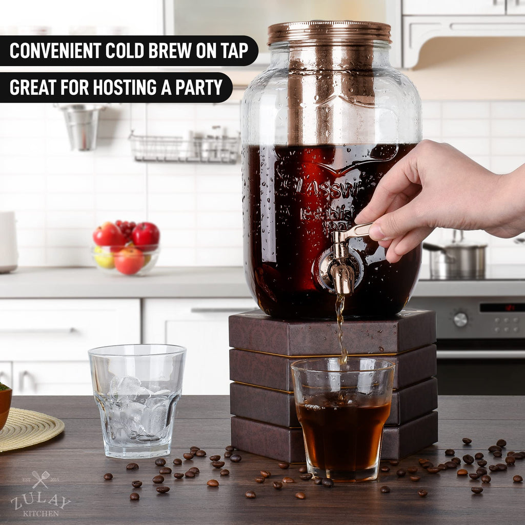 Zulay 1 Gallon/128oz Cold Brew Coffee Maker – Thick Glass Pitcher with Stainless Steel Filter, Lid & Spout – Large Mason Jar Container Dispenser - Iced Coffee & Sun Tea Brewer for Fridge – Silver