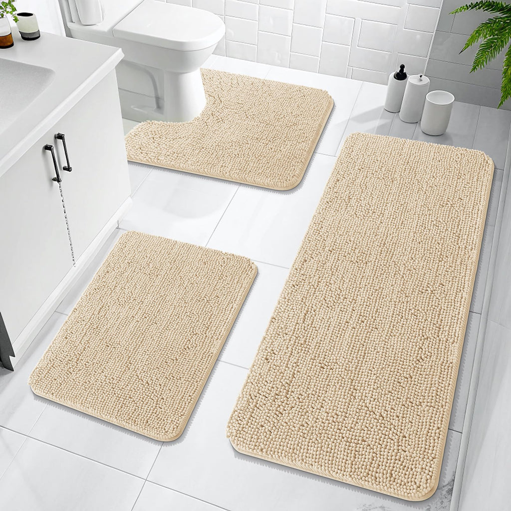 OLANLY Bathroom Rugs Sets 3 Piece, Soft Absorbent Chenille Bath Mats and U-Shaped Contour Toilet Rug, Quick Dry, Home Decor Accessories, Bath Mat Set for Bathroom (30"x20"+24"x16"+24"x20", Grey)